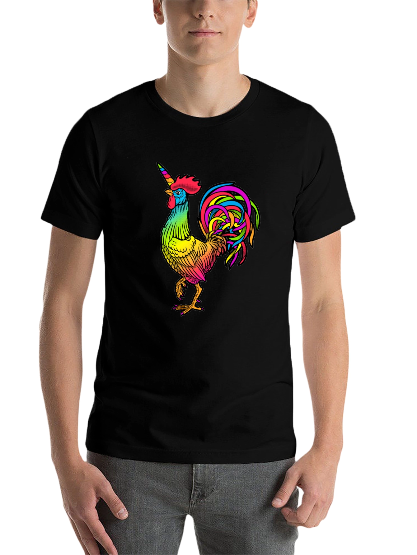 Black Rainbow Unicorn Rooster Graphic Tee view 7