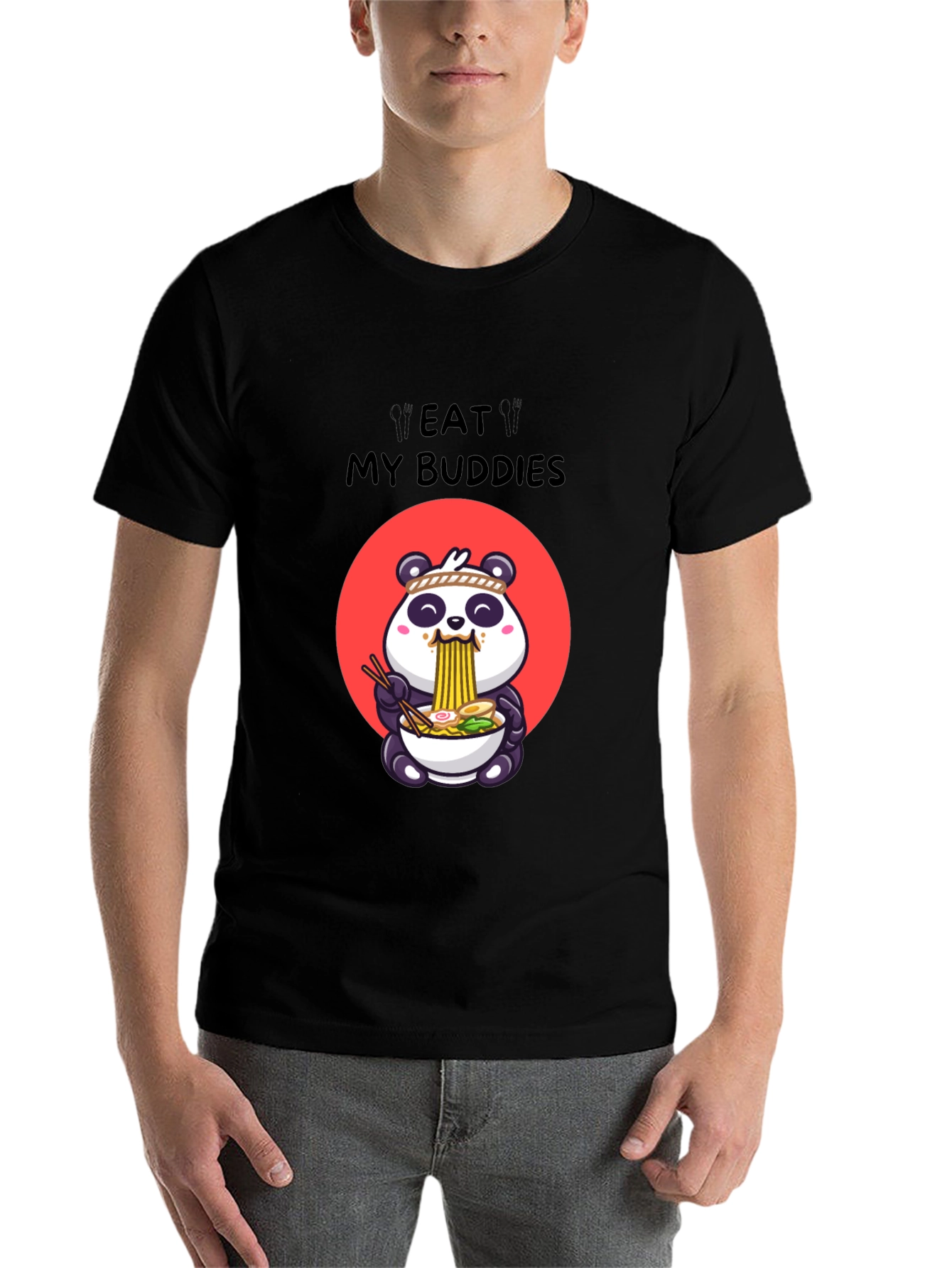 Black Eat My Buddies Panda Ramen T-Shirt view 7