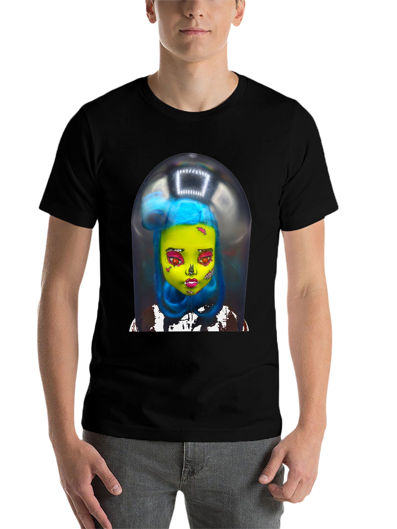 Black Surreal Doll Graphic Tee - Unique Art Shirt view 7