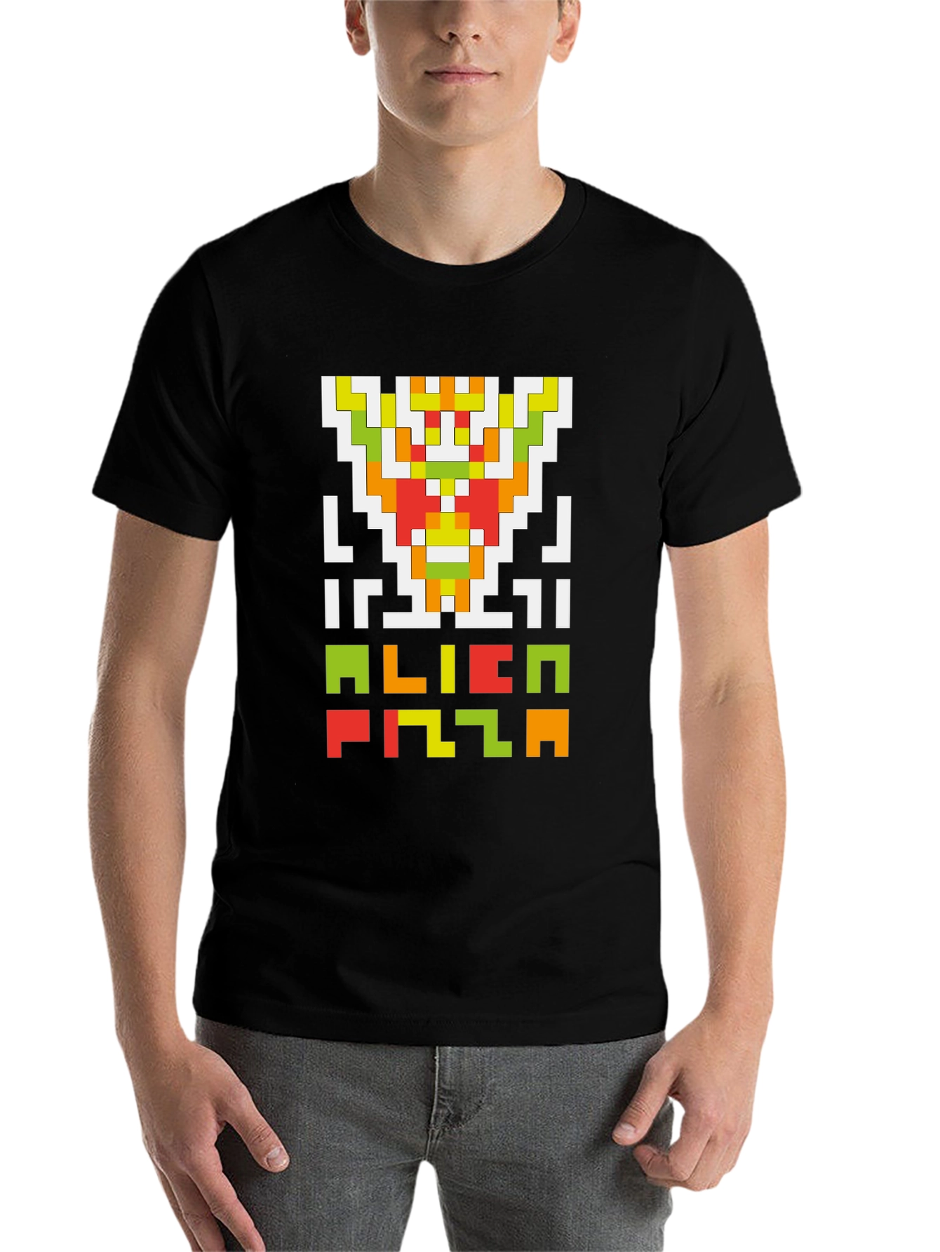 Black Alien Pizza Pixel Art Black T-Shirt view 7