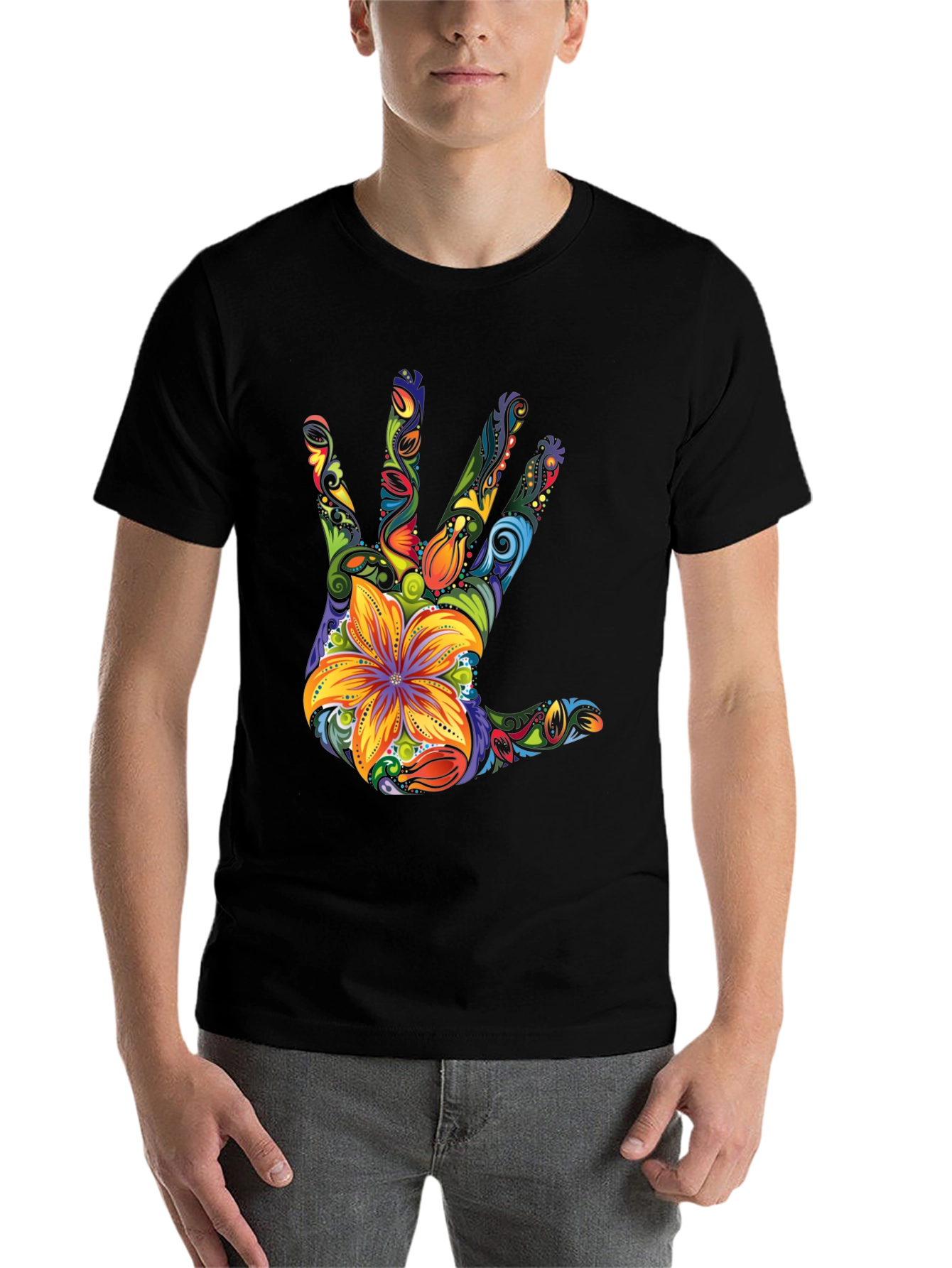 Black Floral Hand Print Black T-Shirt view 7