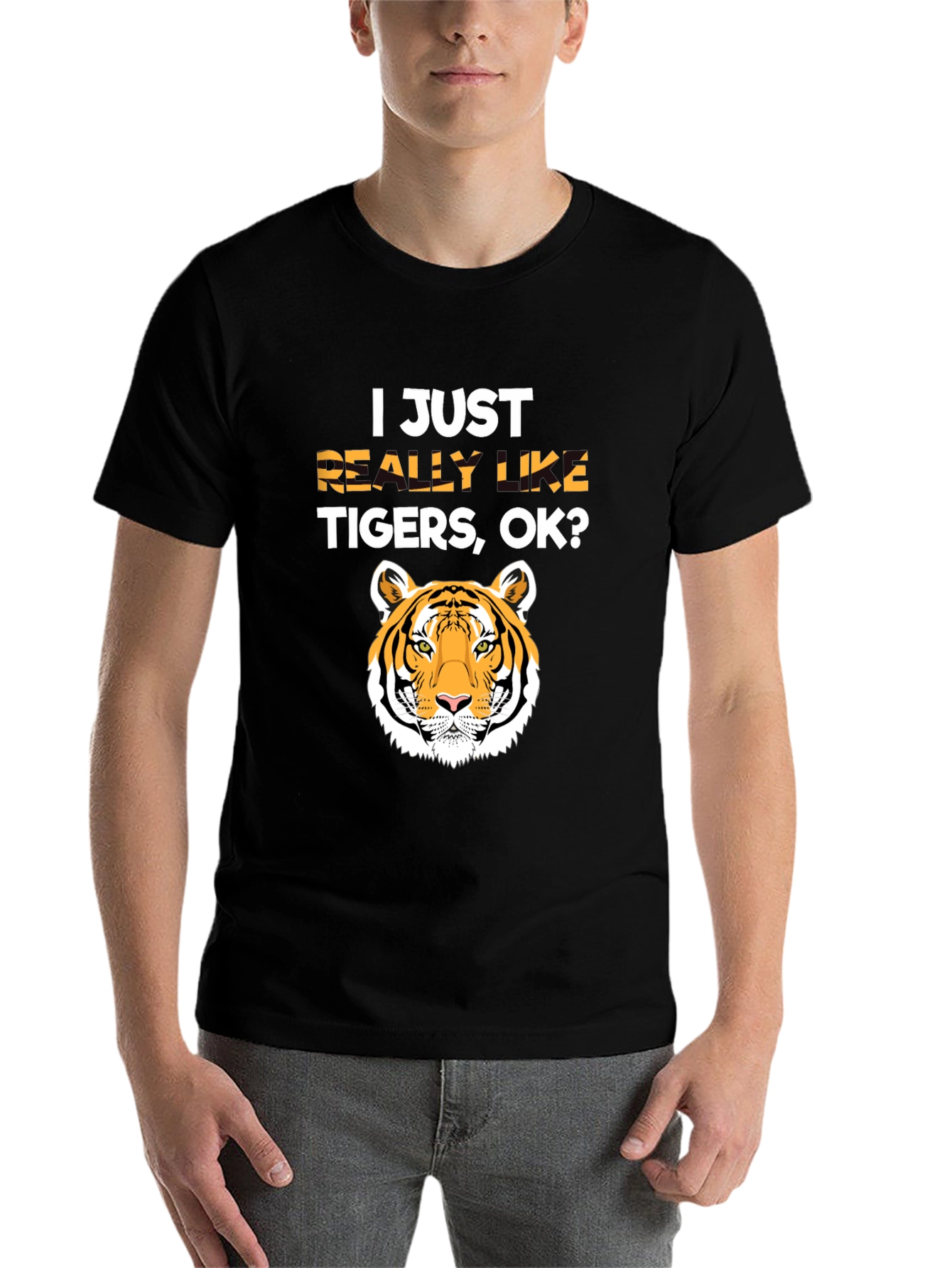 Black I Just Really Like Tigers, OK? T-Shirt view 7
