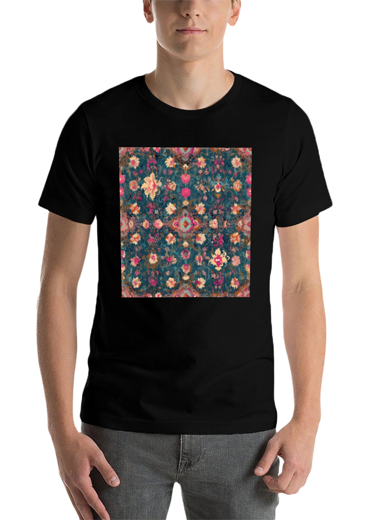 Black Floral Pattern Black T-Shirt view 7