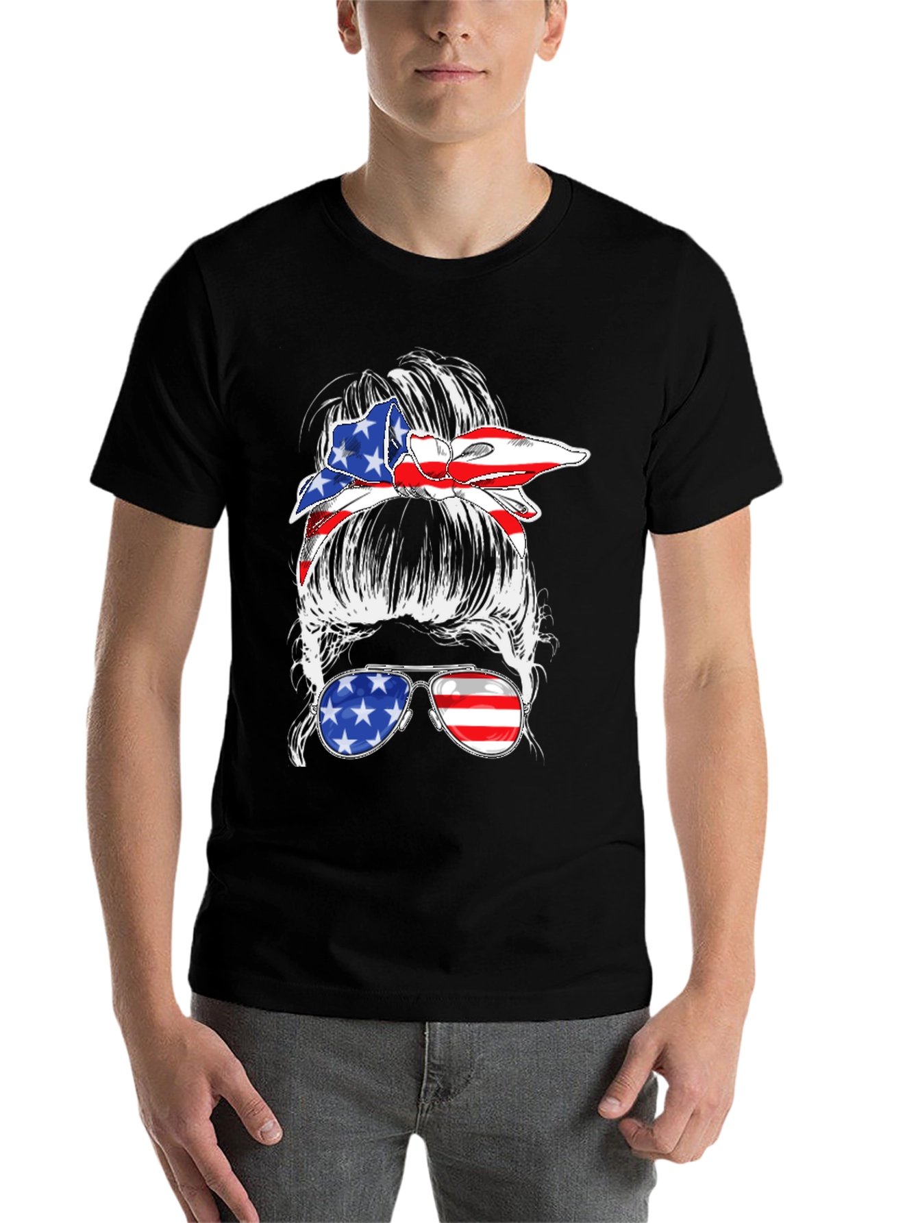 Black Messy Bun American Flag T-Shirt view 7