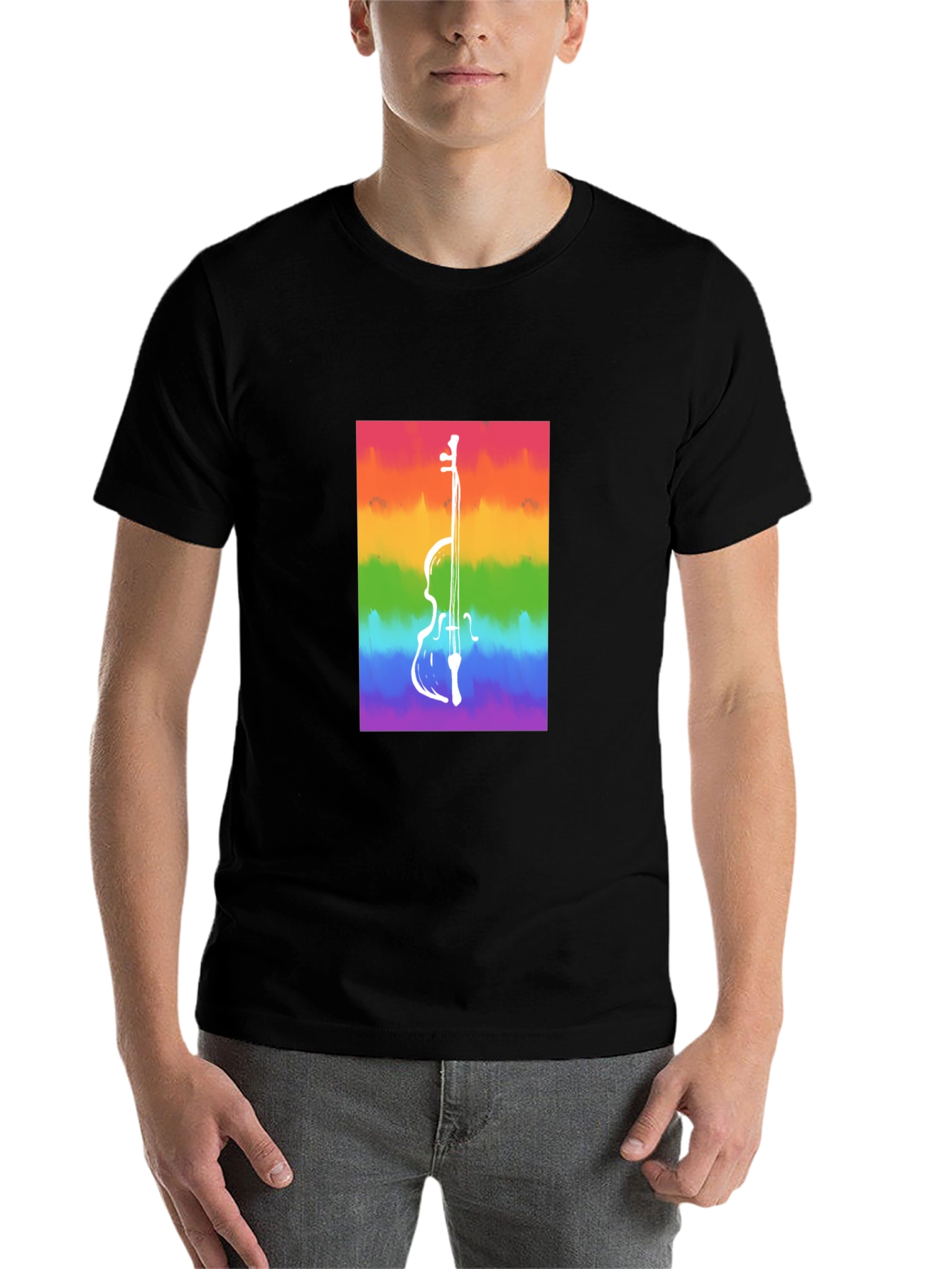 Black Rainbow Cello Graphic Tee - Black Cotton Casual Shirt view 7