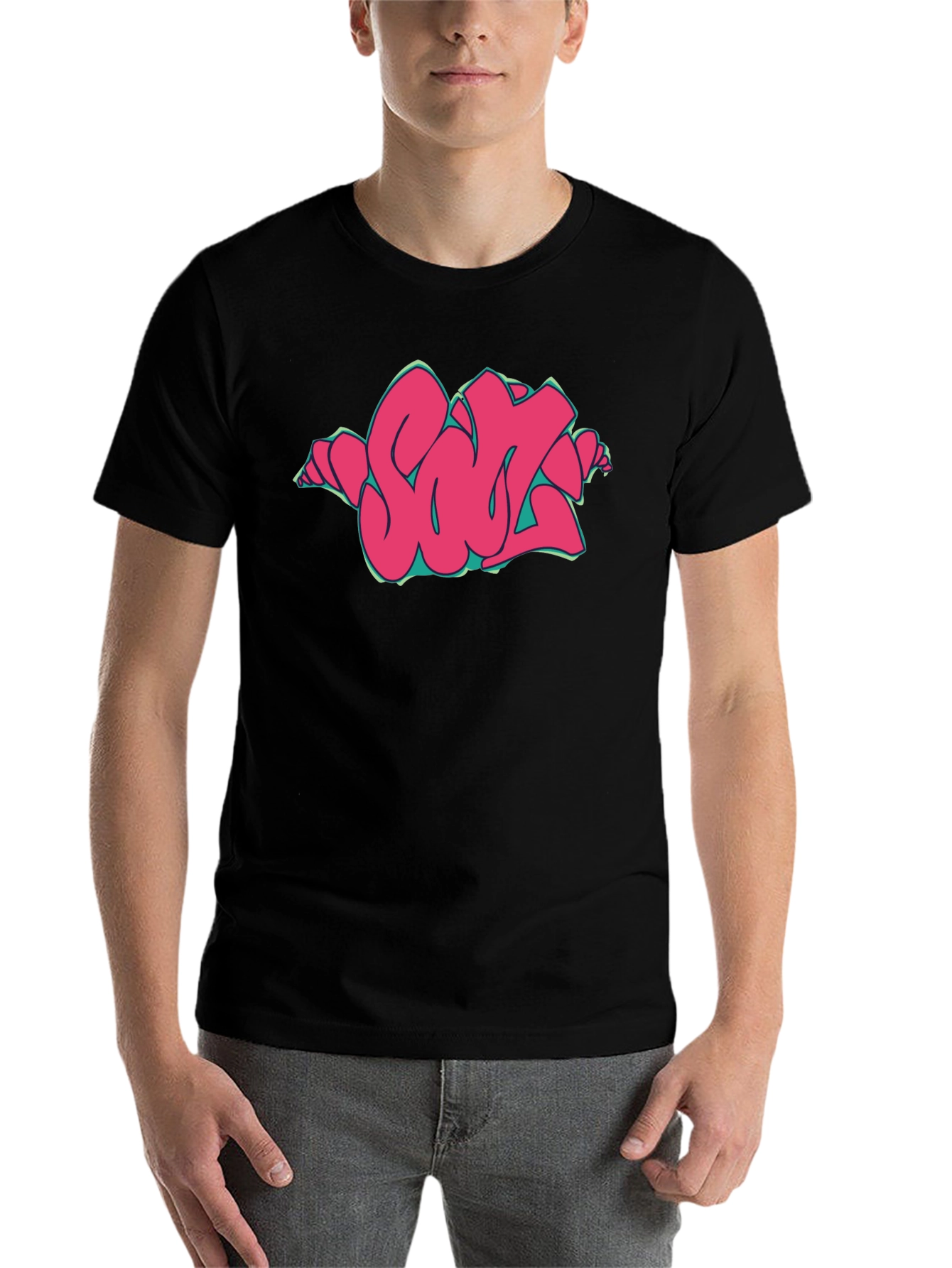 Black Graffiti Style Pink Graphic Print Black T-Shirt view 7