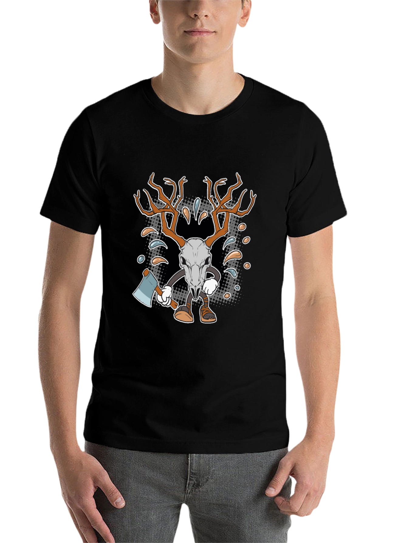 Black Cartoon Deer Skull Axe T-Shirt view 7
