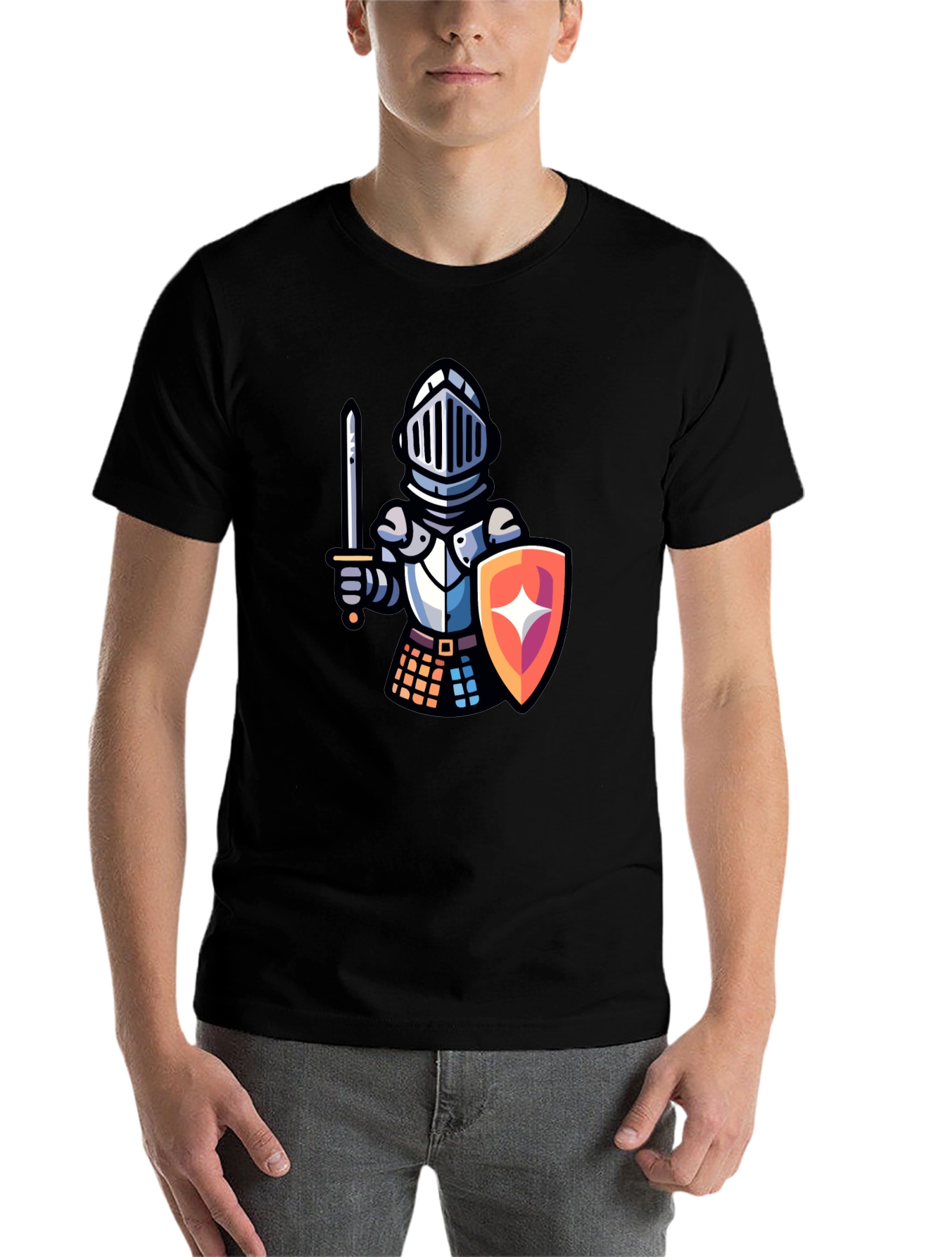 Black Knight Cartoon Graphic T-Shirt - Black Crew Neck Tee view 7