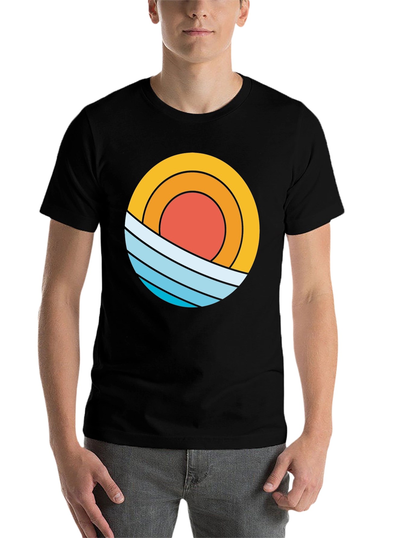 Black Retro Sun & Waves Graphic Tee - Black Cotton T-Shirt view 7