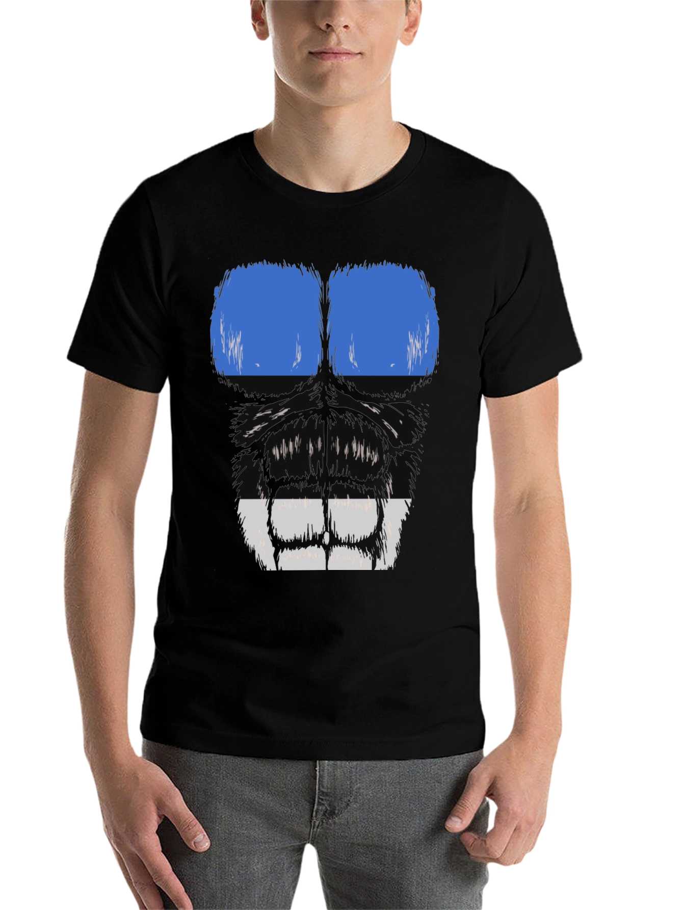 Black Gorilla Face Graphic T-Shirt - Blue & White view 7