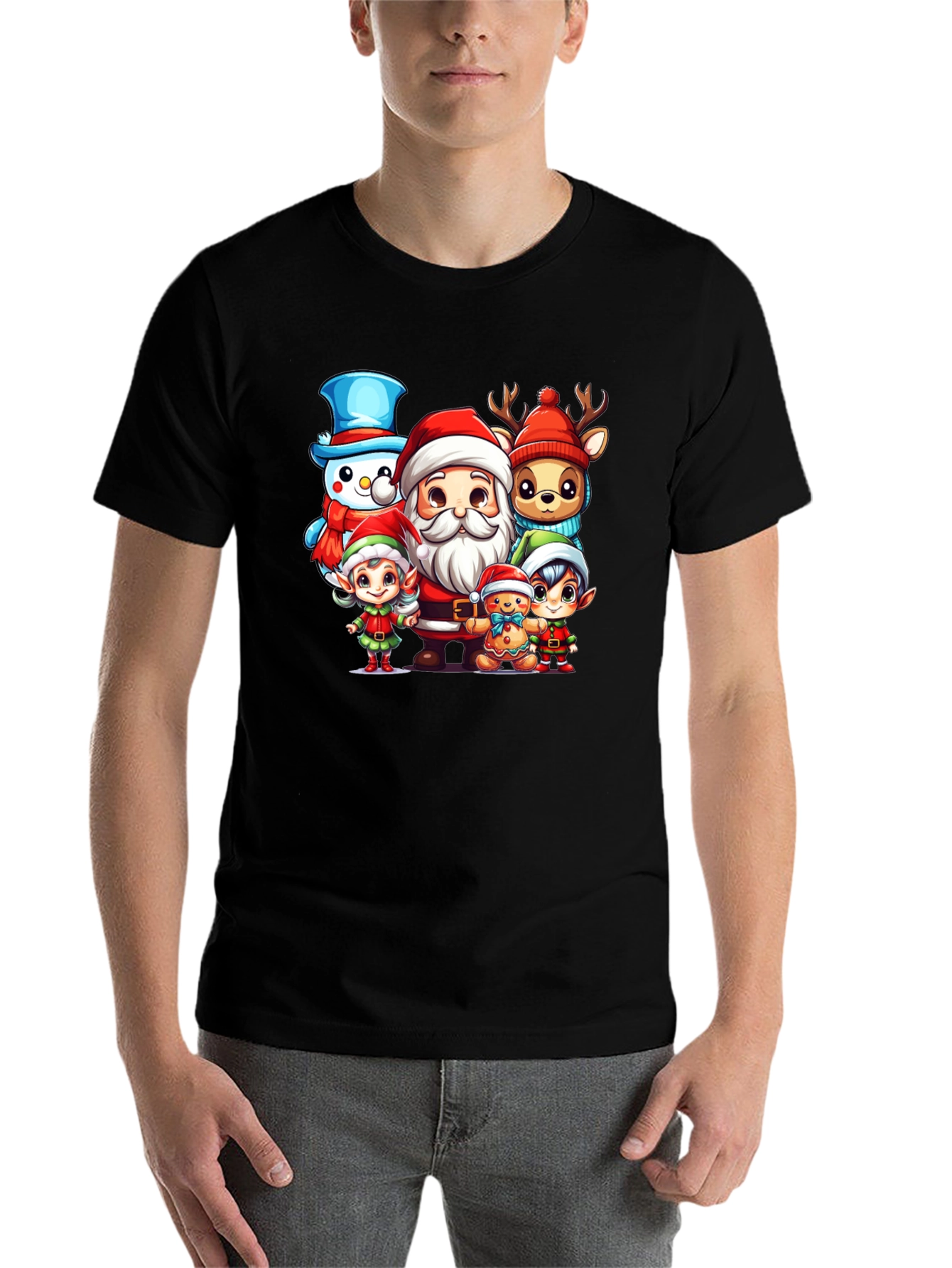 Black Festive Christmas Cartoon Crew Black T-Shirt view 7
