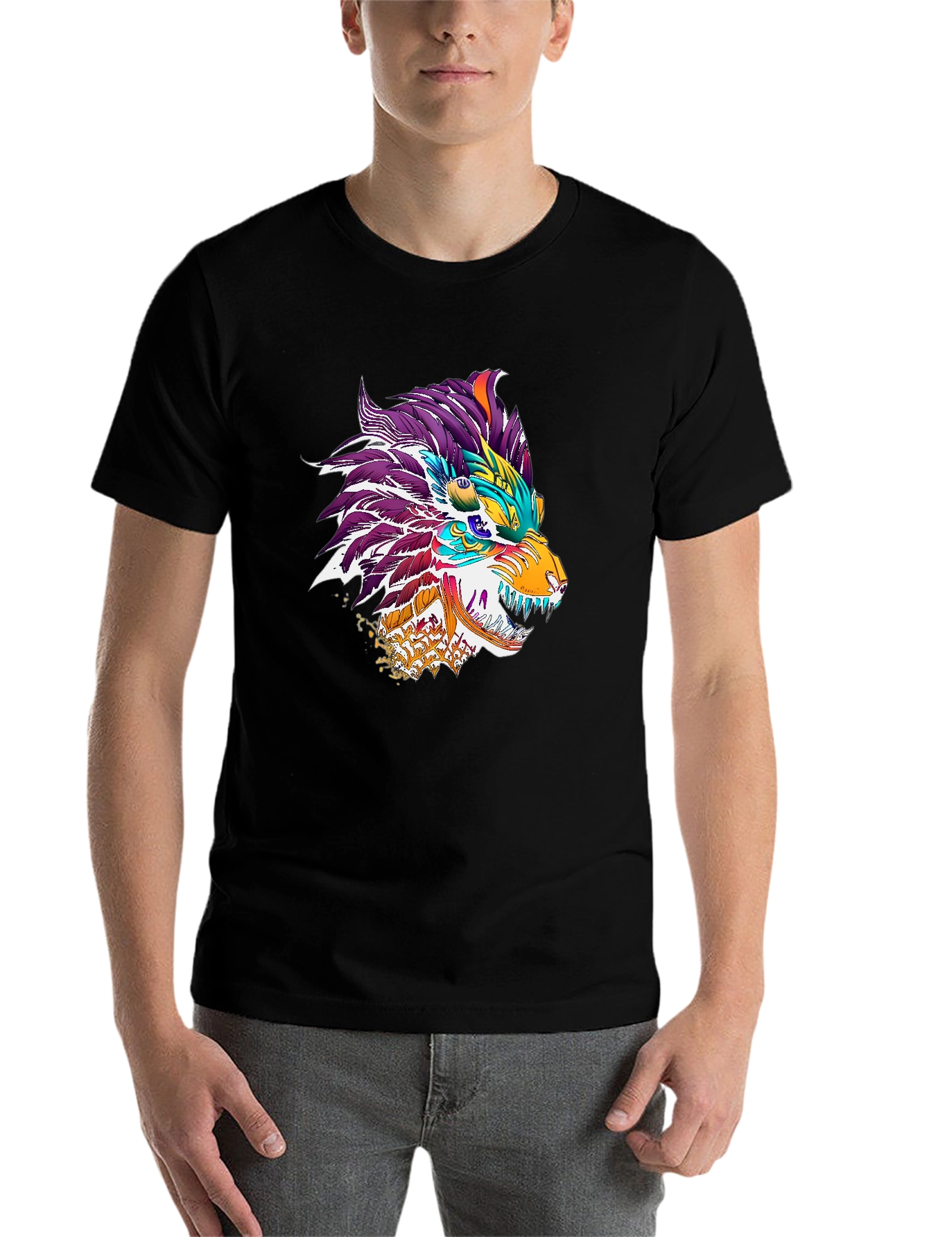 Black Colorful Dragon Wolf Graphic Tee - Black view 7