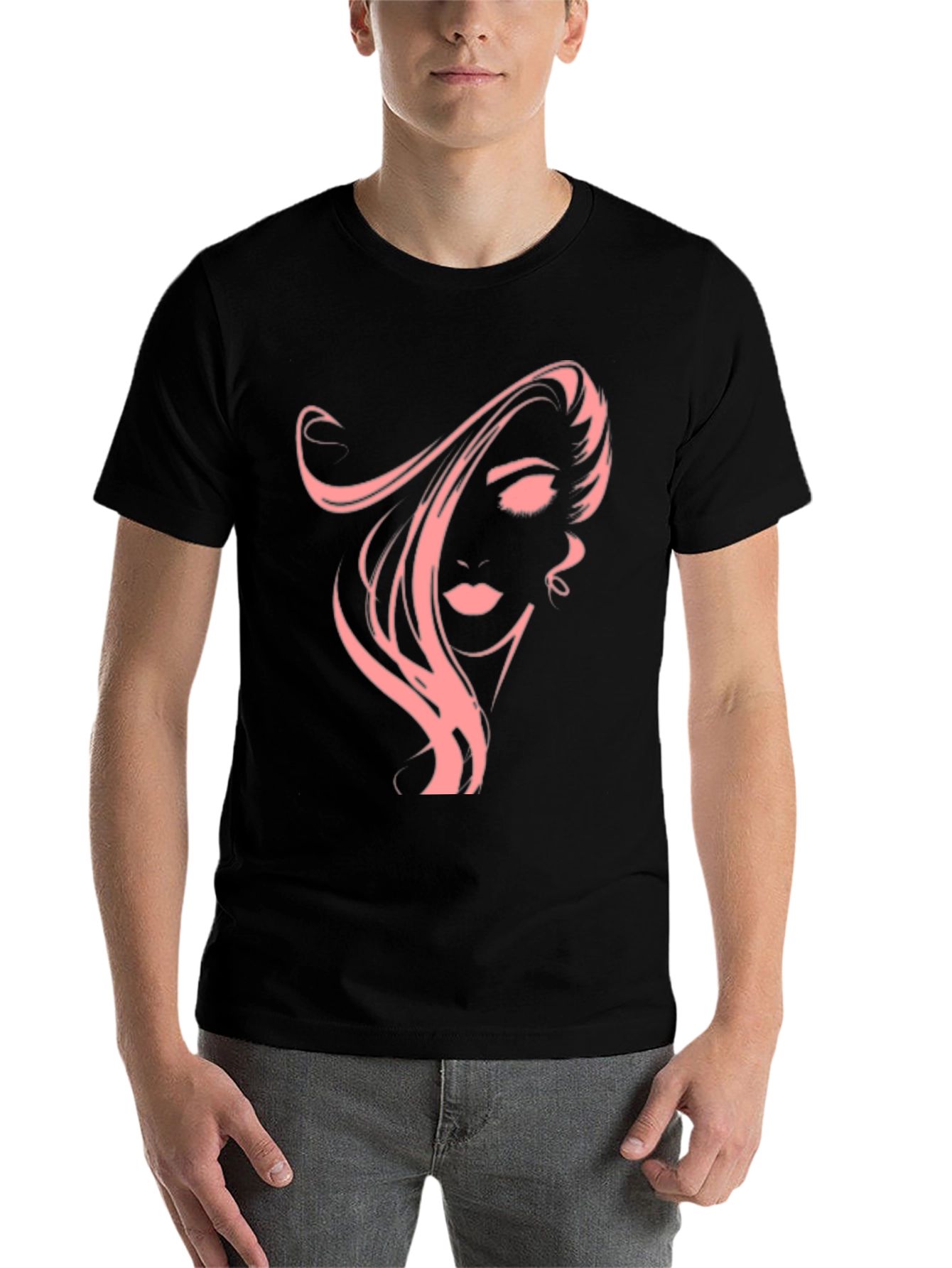 Black Stylish Black T-Shirt with Pink Woman Portrait Graphic view 7