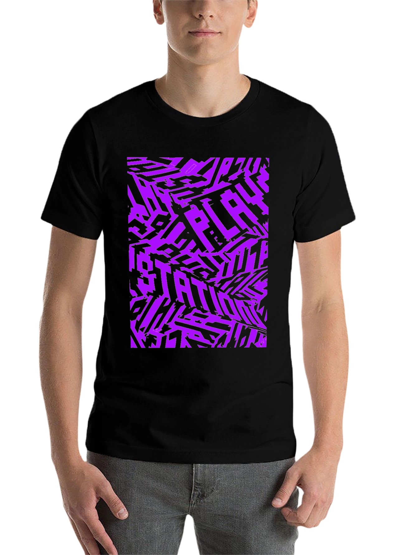 Black Abstract Purple Graphic Print Black T-Shirt view 7