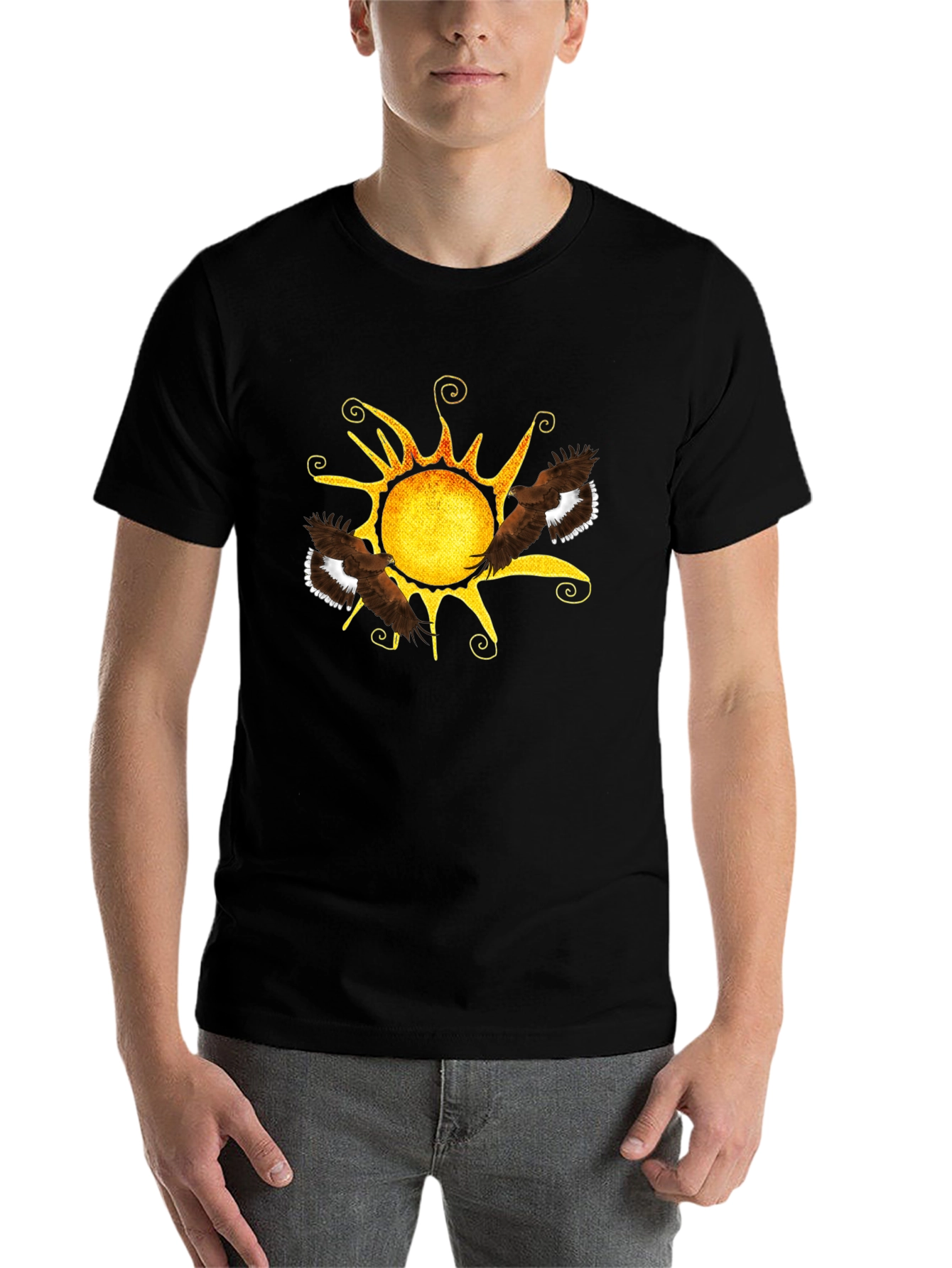 Black Black Tee with Sun & Eagle Design view 7