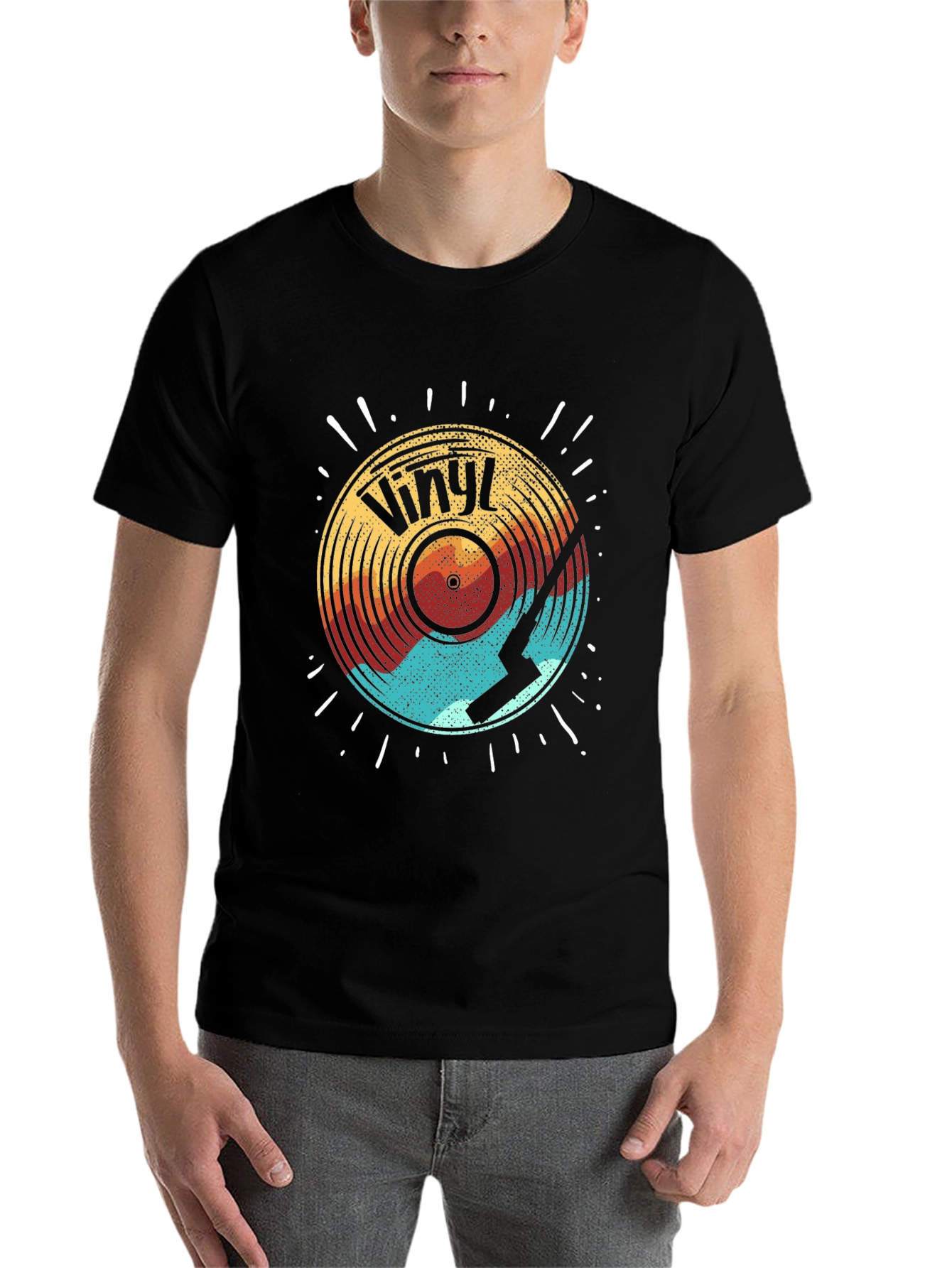Black Retro Vinyl Record Graphic Tee - Black Cotton Comfort view 7