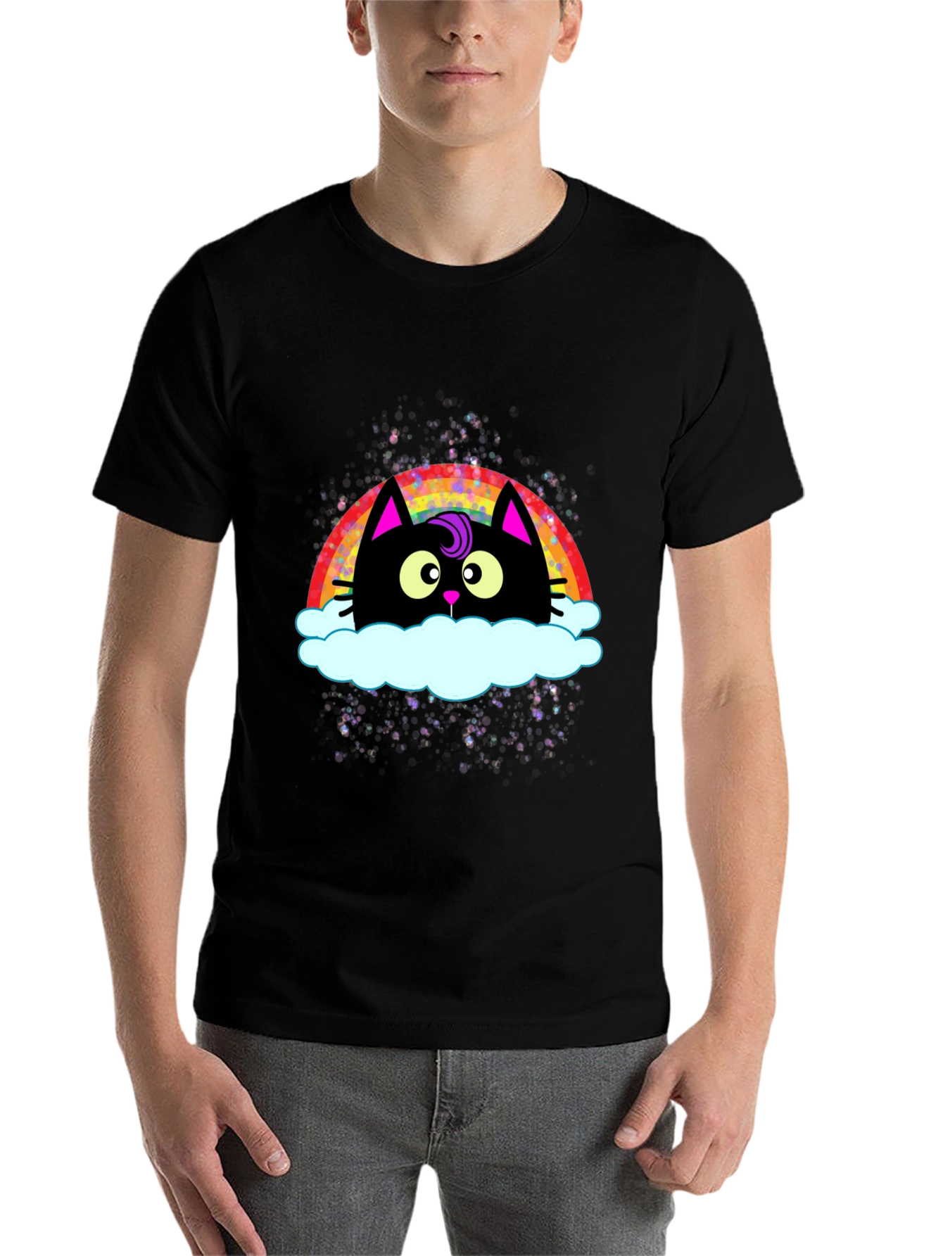 Black Rainbow Cat Cloud Graphic T-Shirt - Trendy Casual Tee view 7