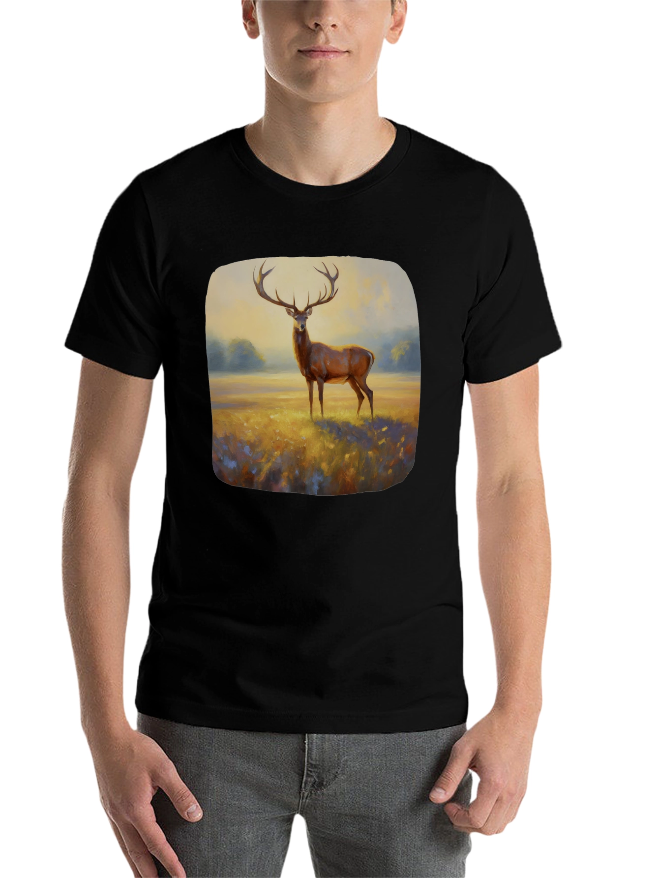 Black Deer Painting Graphic Tee - Nature Inspired Art Shirt view 7