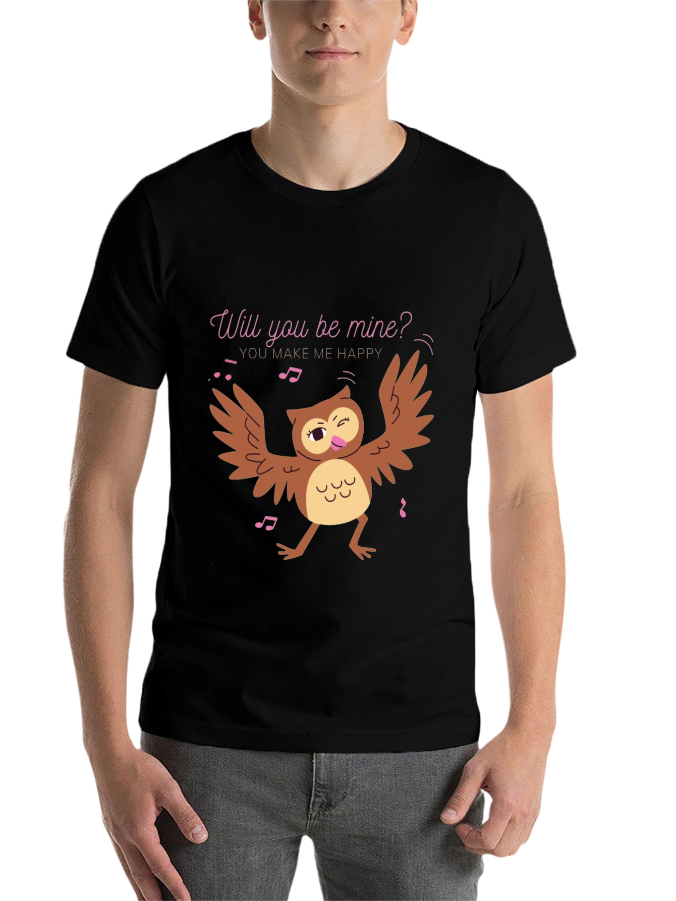 Black Whimsical Owl Valentine's Day T-Shirt view 7