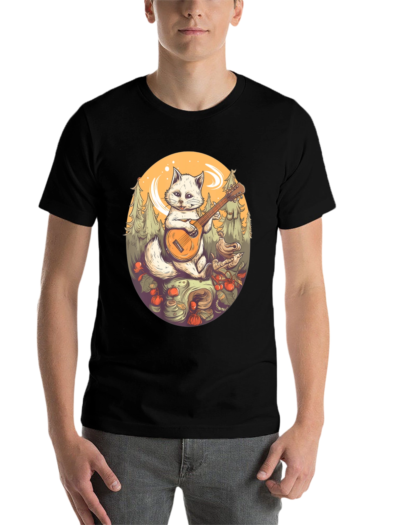 Black Cat Playing Banjo Graphic T-Shirt view 7