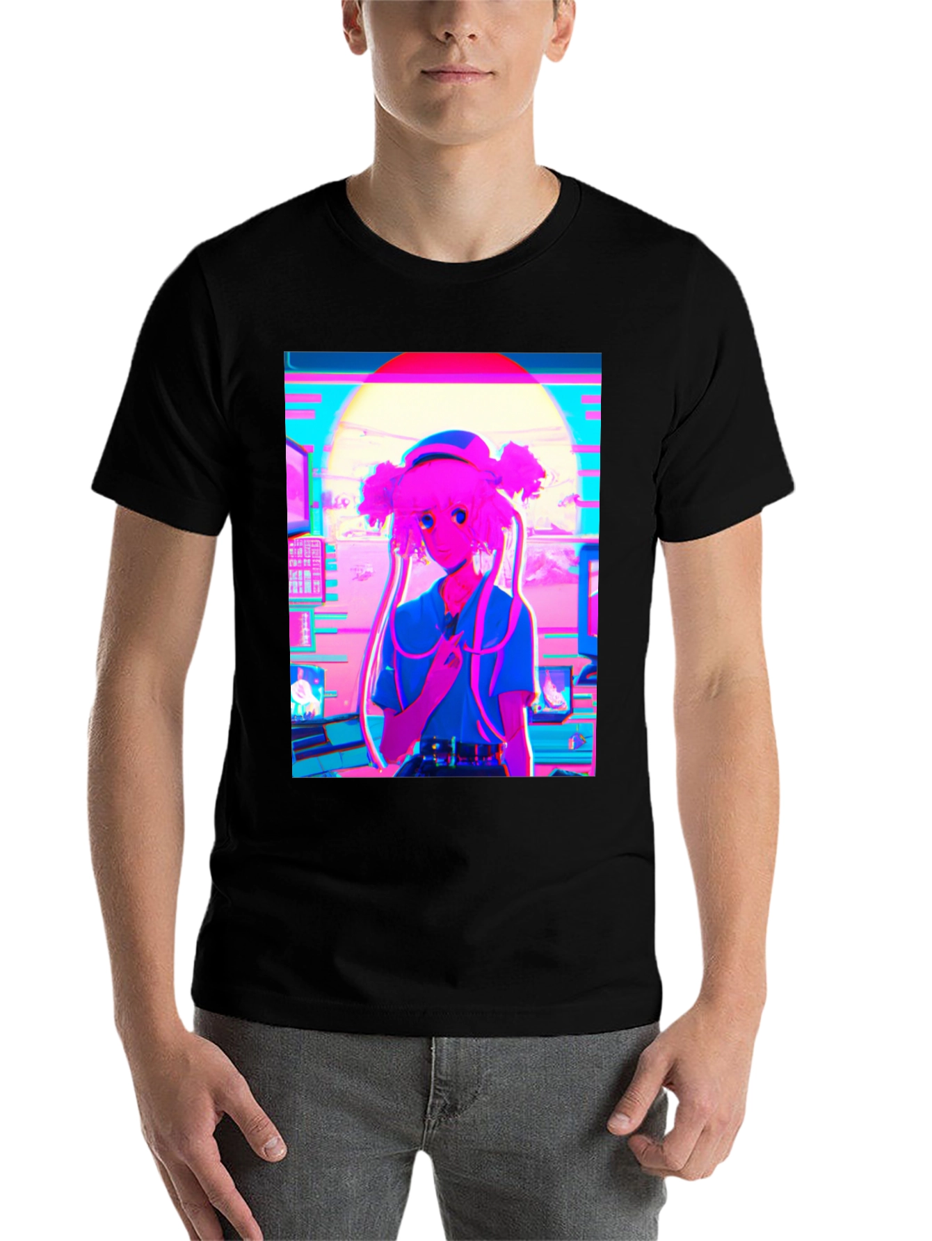 Black Vaporwave Anime Girl Graphic T-Shirt view 7