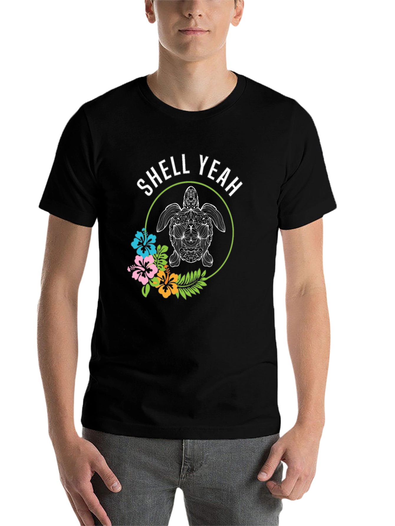 Black Shell Yeah! Turtle Graphic Print Crew Neck T-Shirt view 7
