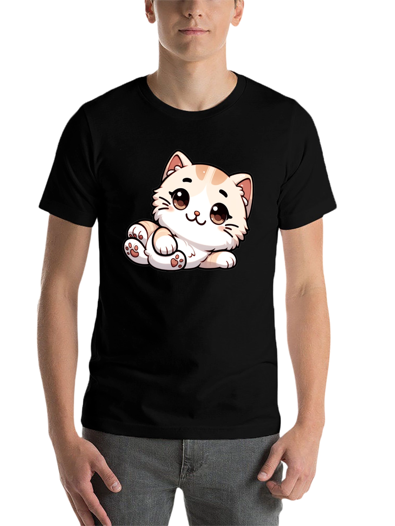 Black Cute Cartoon Cat Graphic Tee - Unisex Black T-Shirt view 7