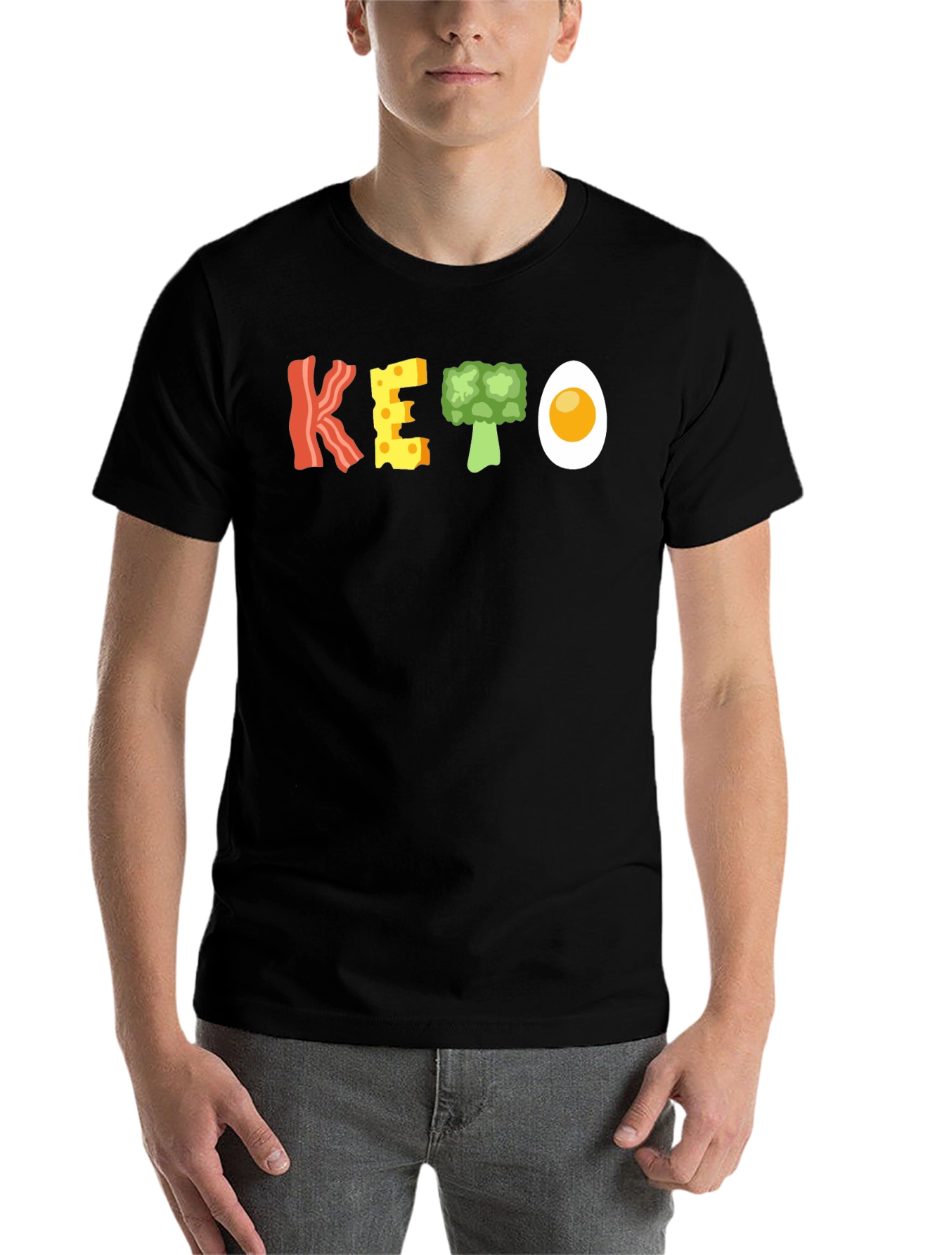 Black Keto Food T-Shirt - Bacon, Cheese, Broccoli, and Egg view 7