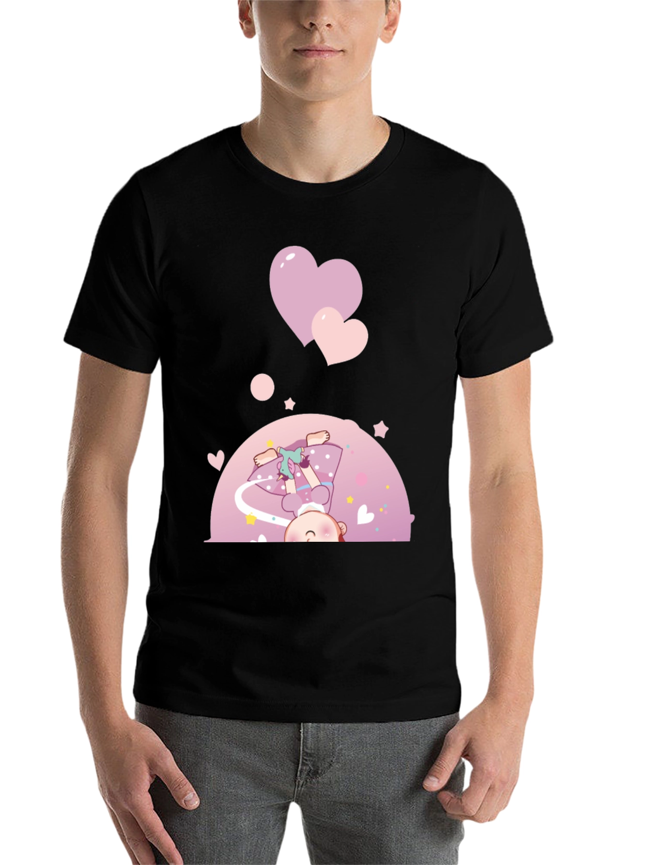 Black Cute Cartoon Girl with Hearts Black T-Shirt view 7