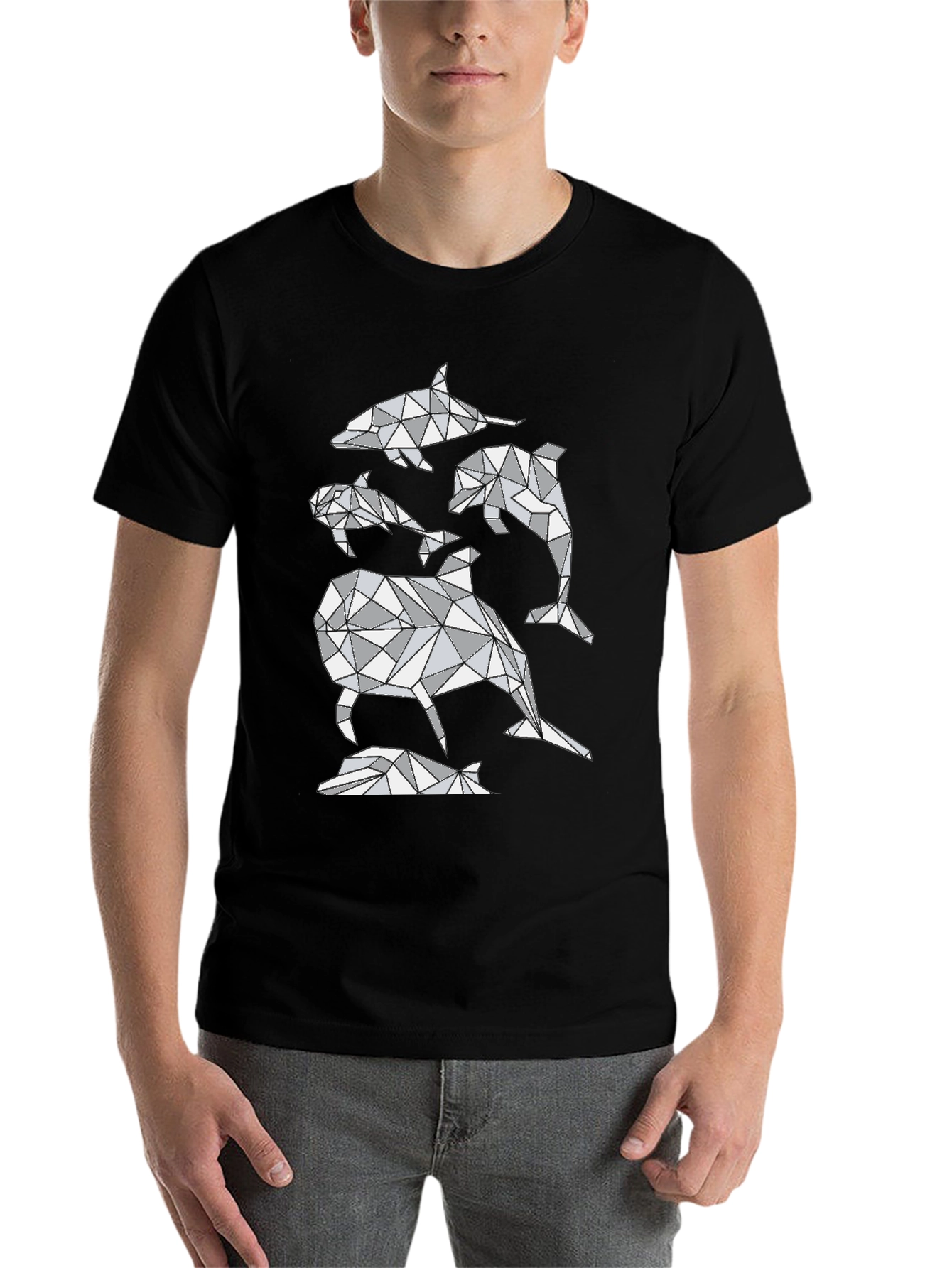 Black Geometric Dolphin T-Shirt - Abstract Marine Life Design view 7