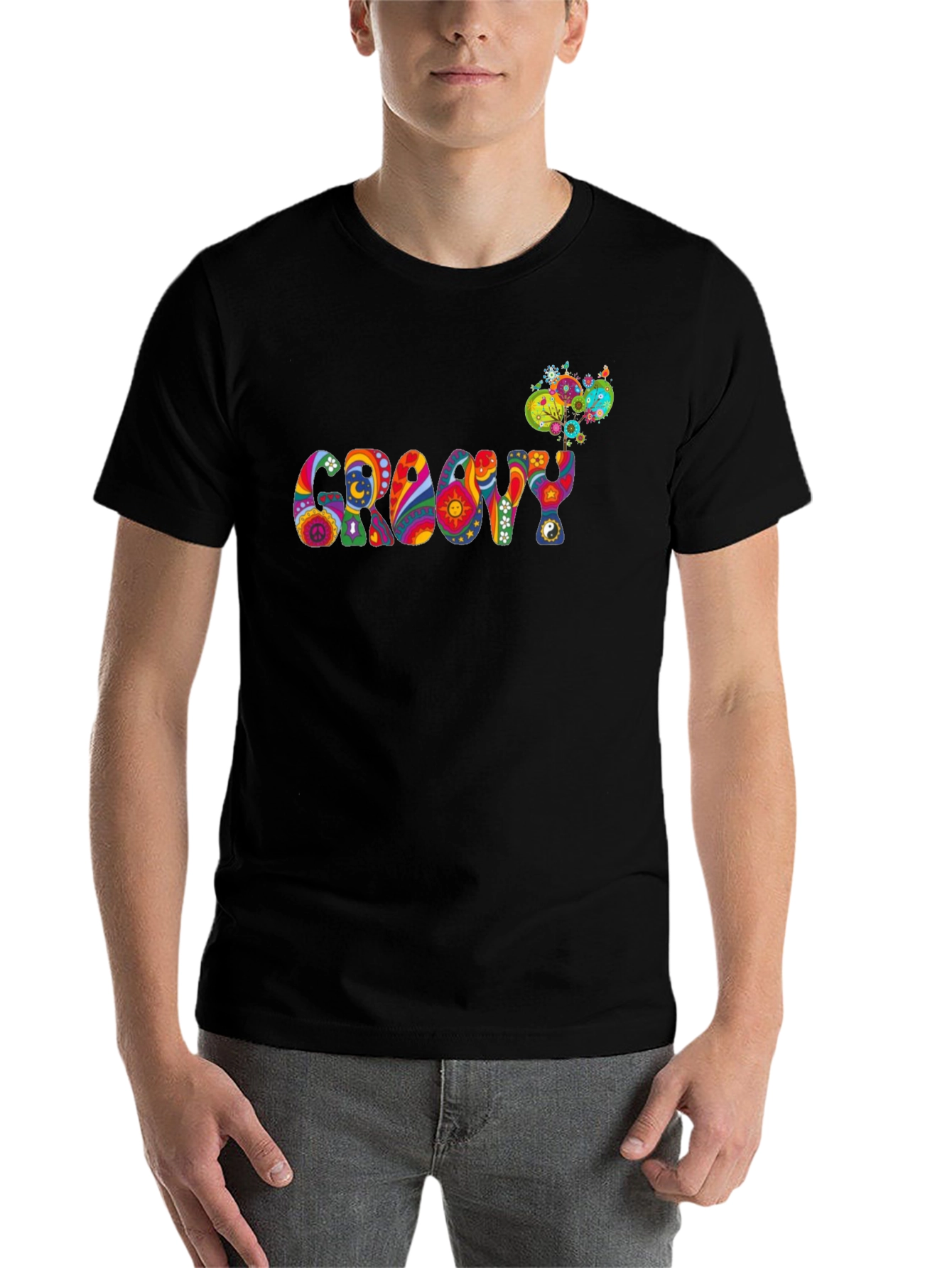 Black Groovy Psychedelic Patterned Black T-Shirt view 7