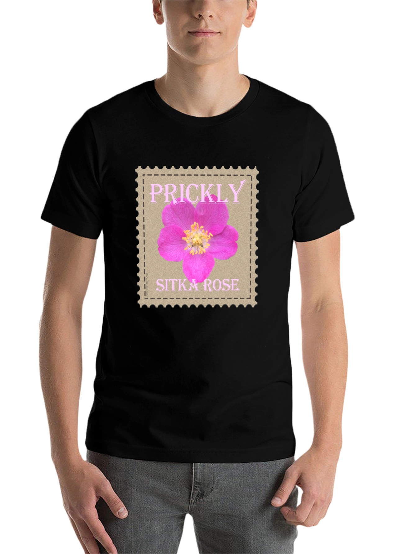 Black Prickly Sitka Rose Stamp Style T-Shirt view 7