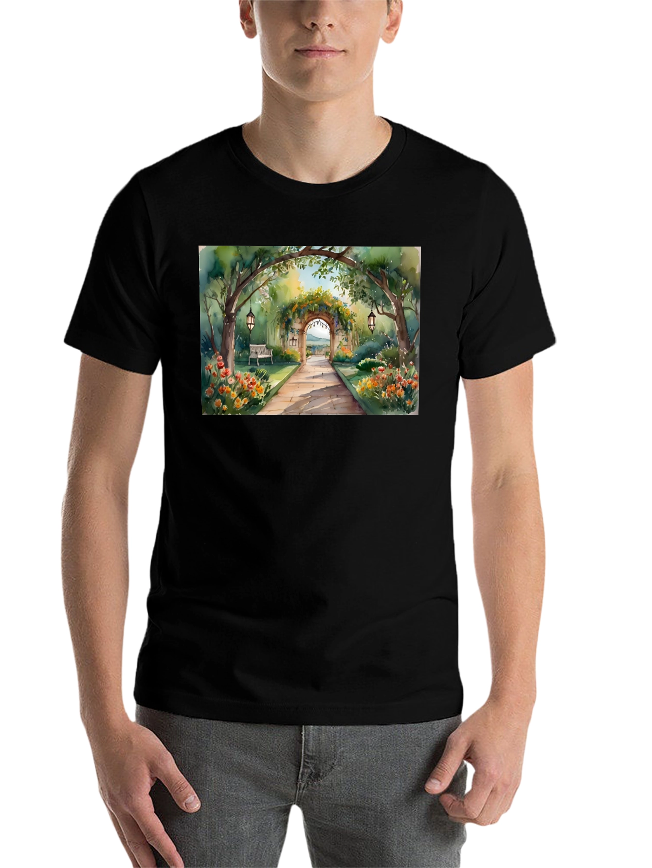 Black Watercolor Garden Path T-Shirt view 7