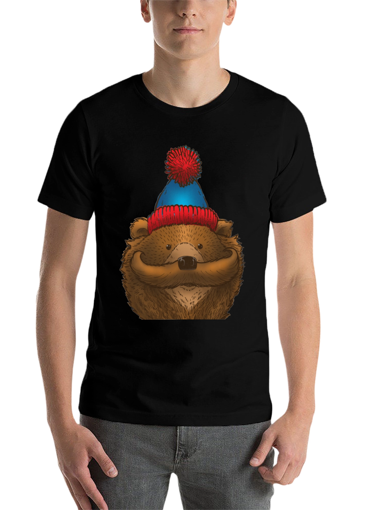 Black Bear with Mustache & Beanie T-Shirt view 7