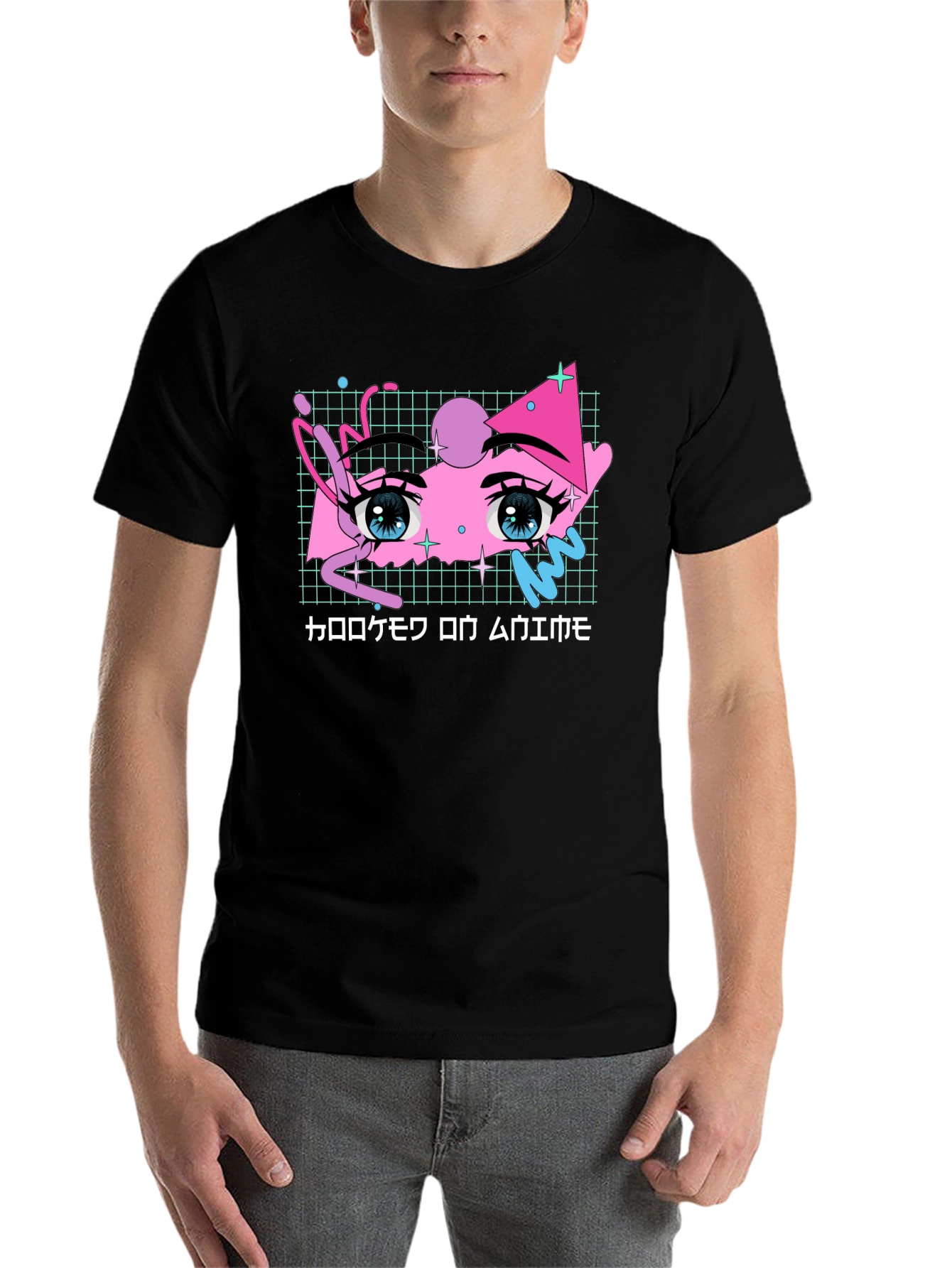 Black Anime Eyes Aesthetic T-Shirt - Vaporwave Japanese Text view 7
