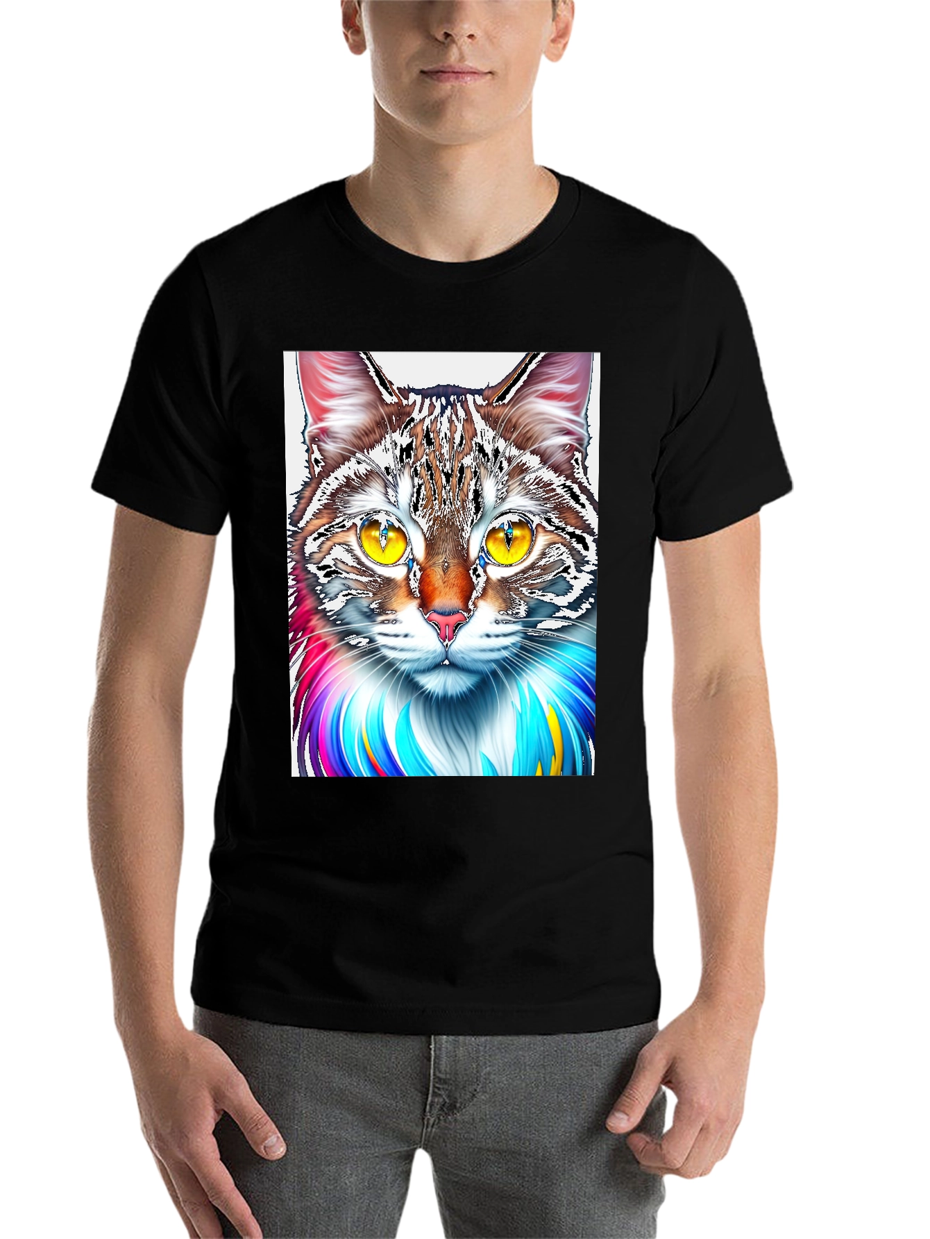 Black Colorful Cat Graphic Print Black T-Shirt view 7