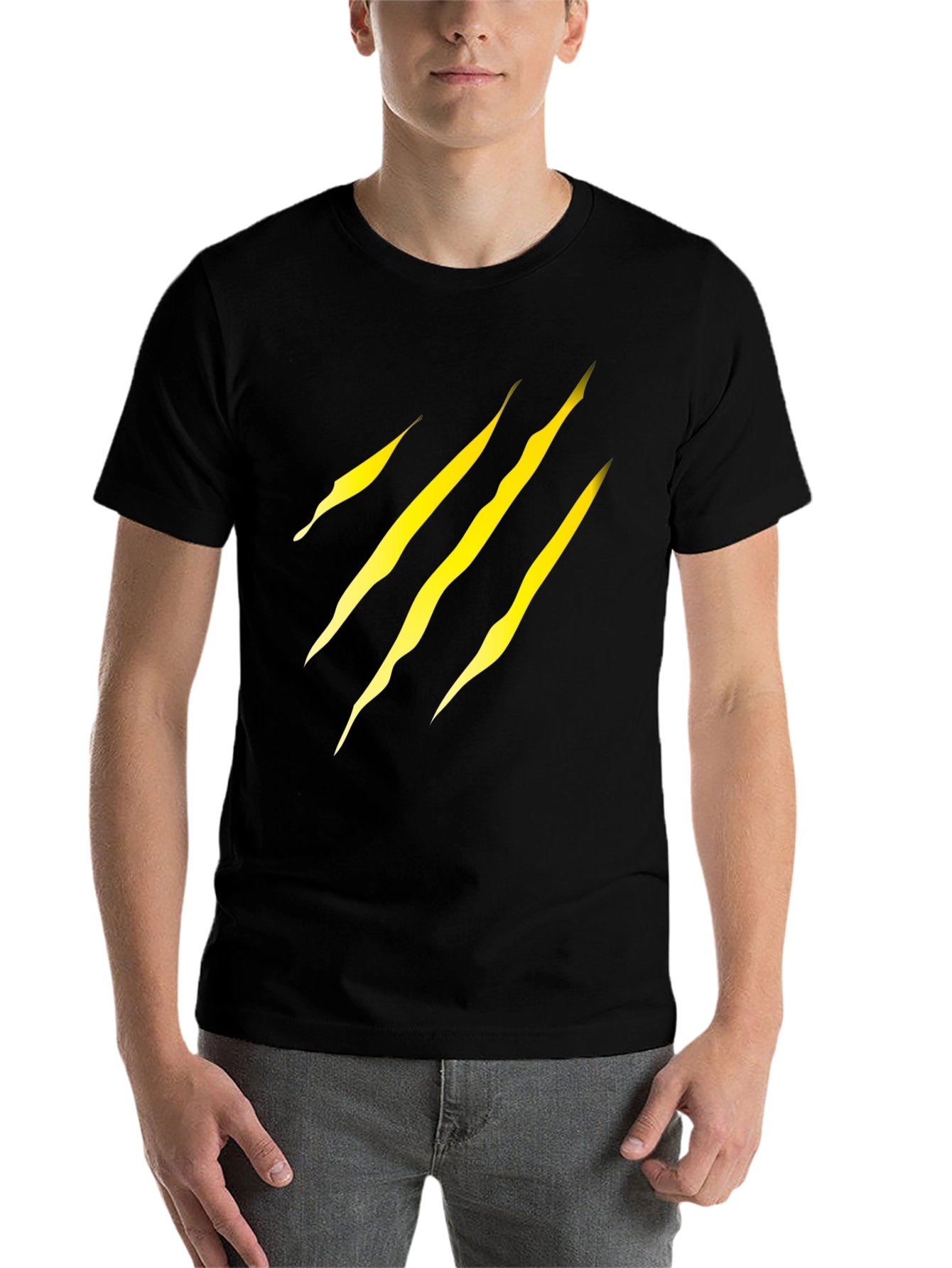 Black Men's Black T-Shirt with Yellow Claw Scratch Design view 7