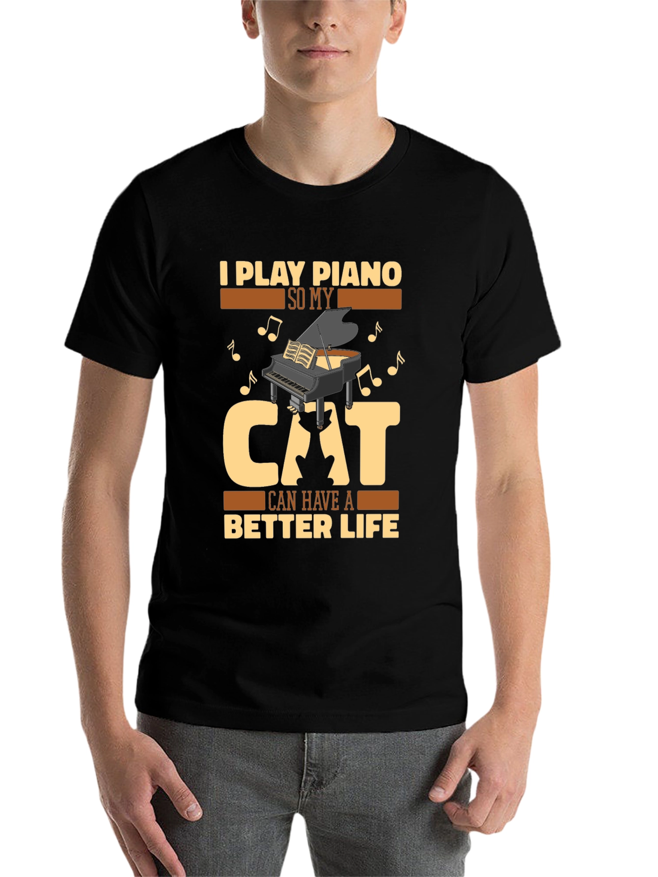 Black Piano Cat Lover T-Shirt - 'Better Life' Graphic Tee view 7