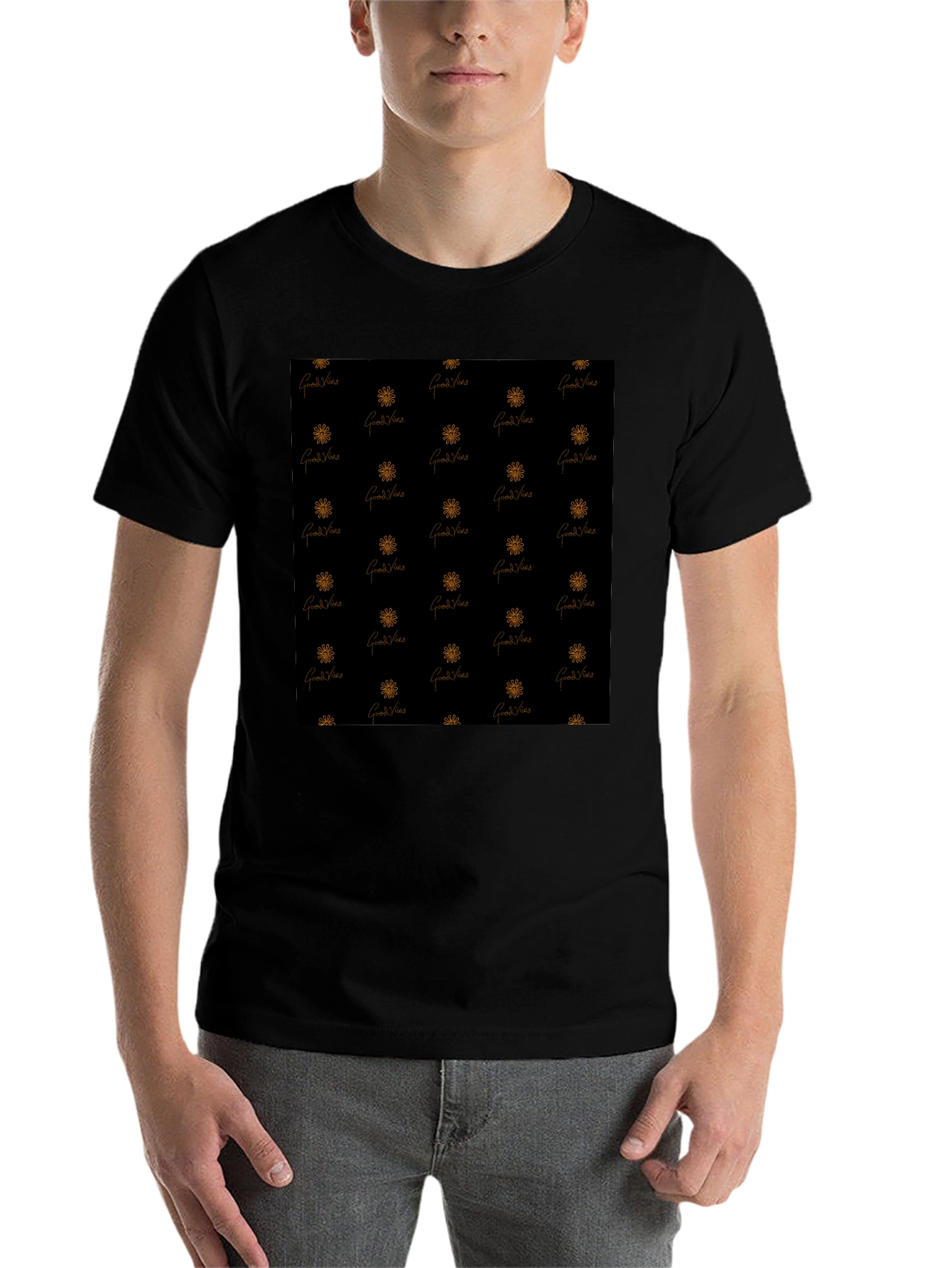 Black Good Vibes Patterned Black T-Shirt view 7