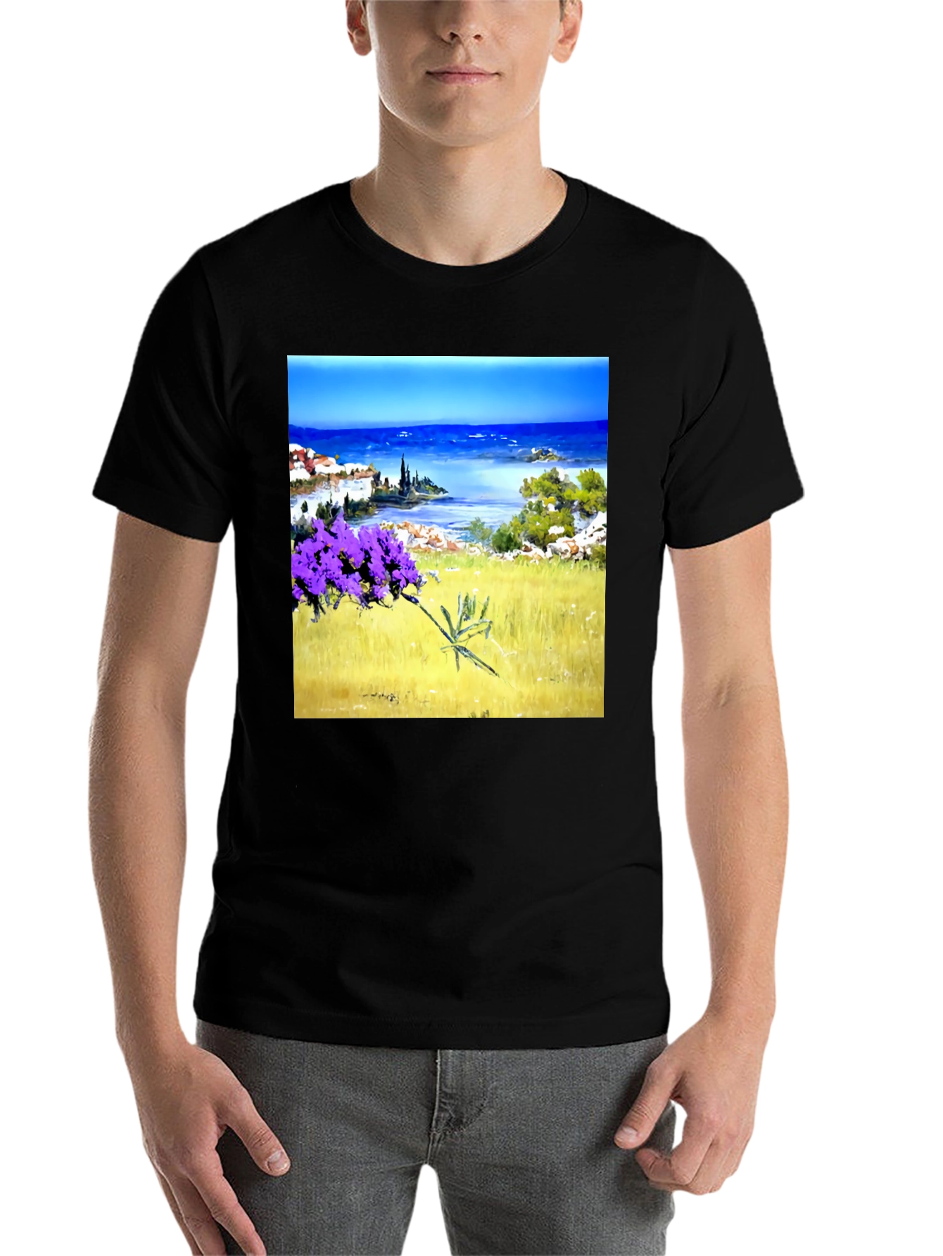 Black Coastal Lavender Art Print Black T-Shirt view 7