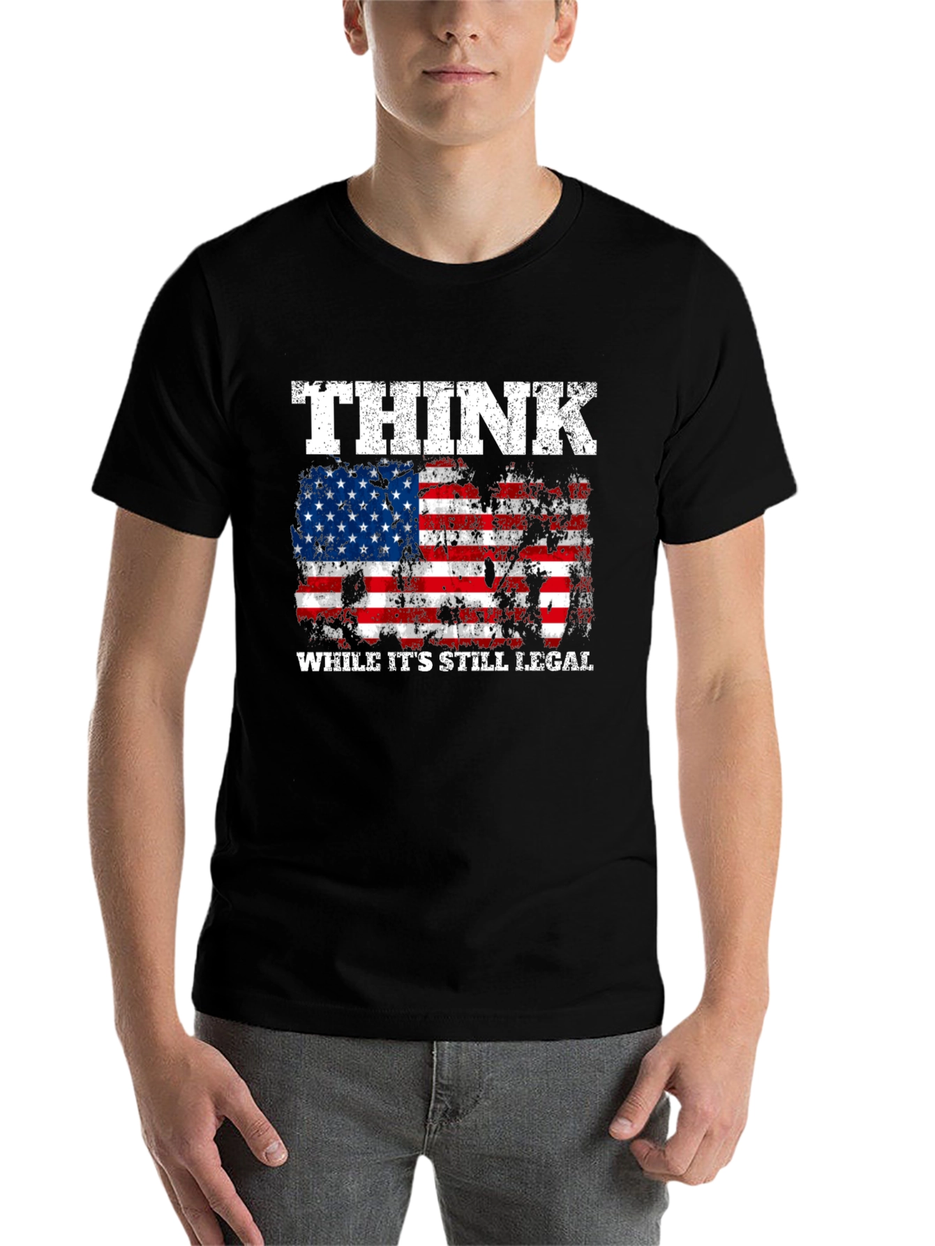 Black Think While It's Still Legal American Flag T-Shirt view 7