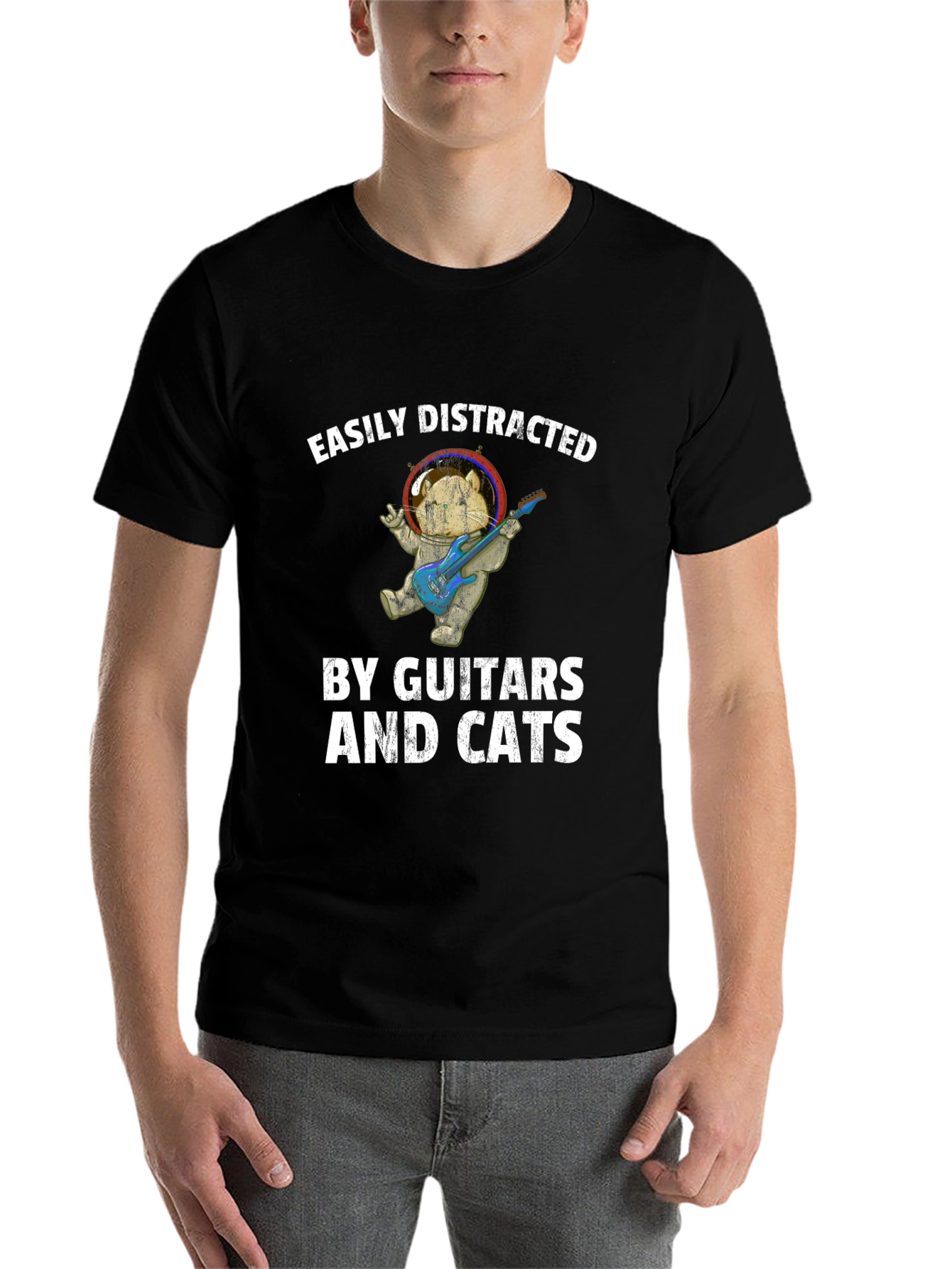 Black Easily Distracted By Guitars & Cats T-Shirt view 7