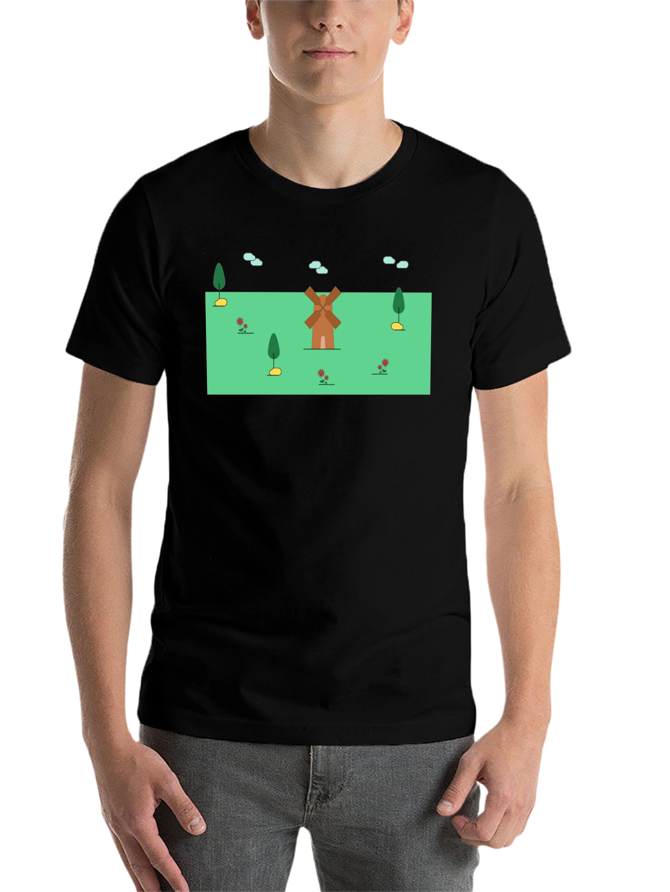 Black Whimsical Windmill Graphic Tee - Black Cotton Blend view 7