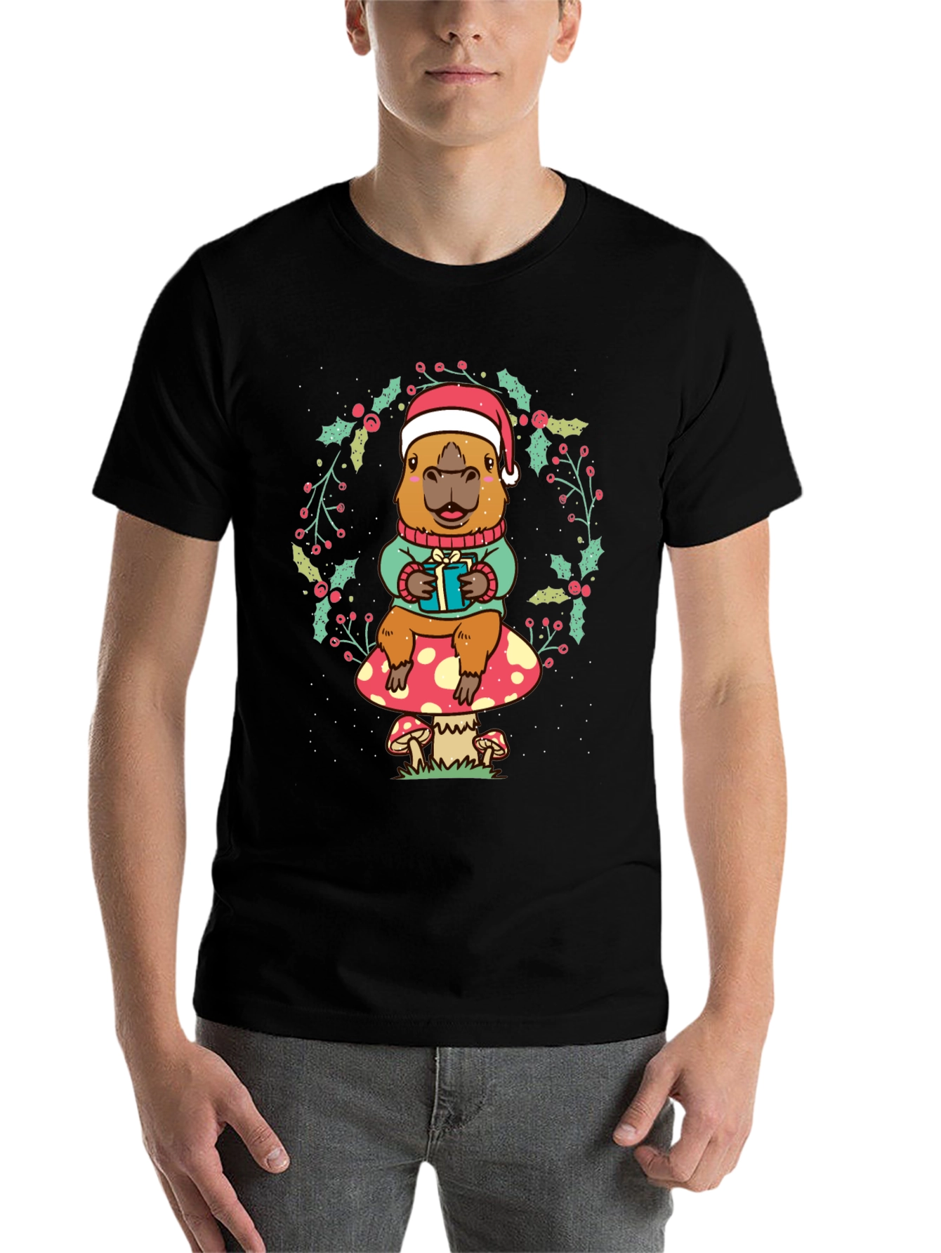 Black Festive Capybara Christmas T-Shirt view 7
