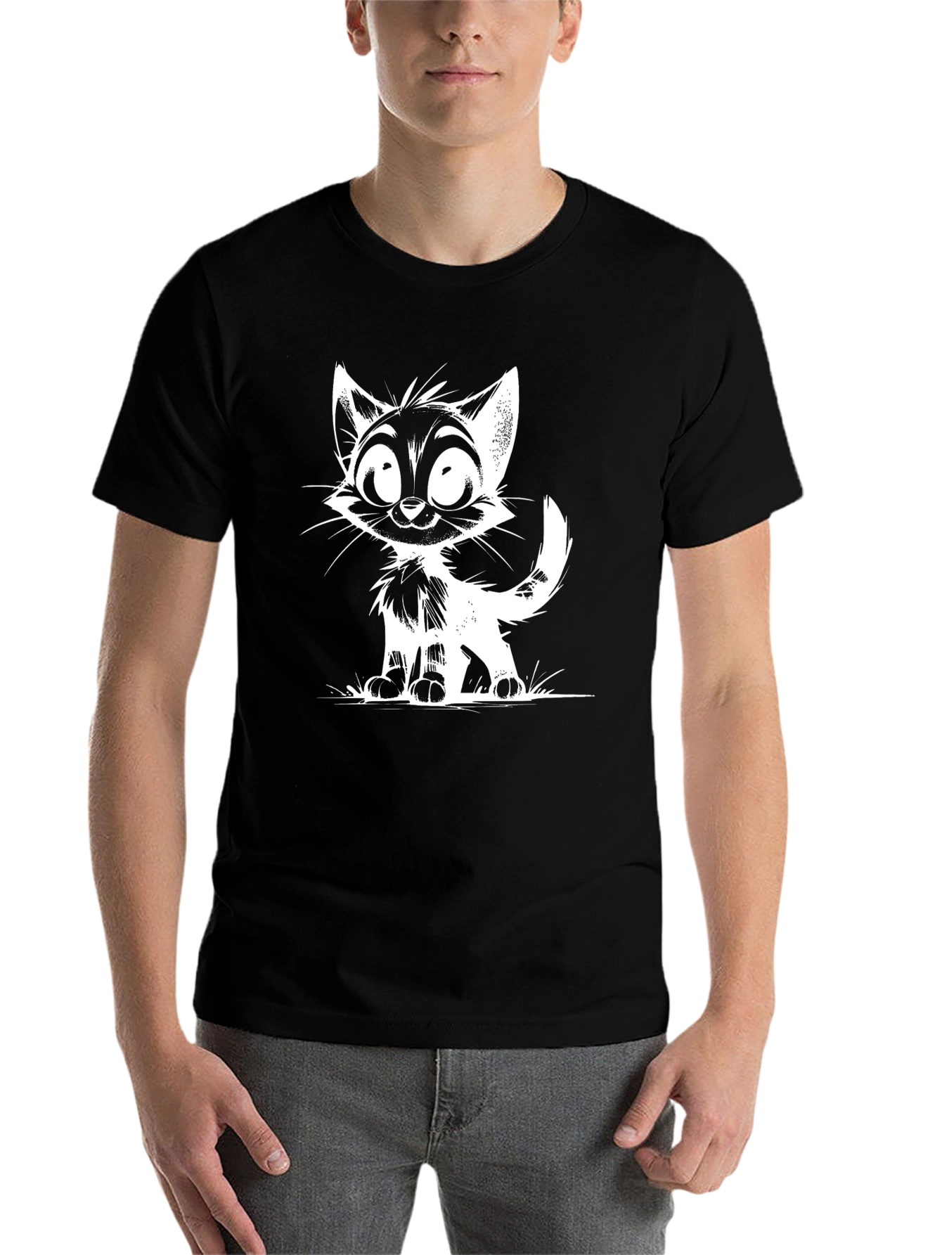 Black Cartoon Cat Graphic Black T-Shirt view 7