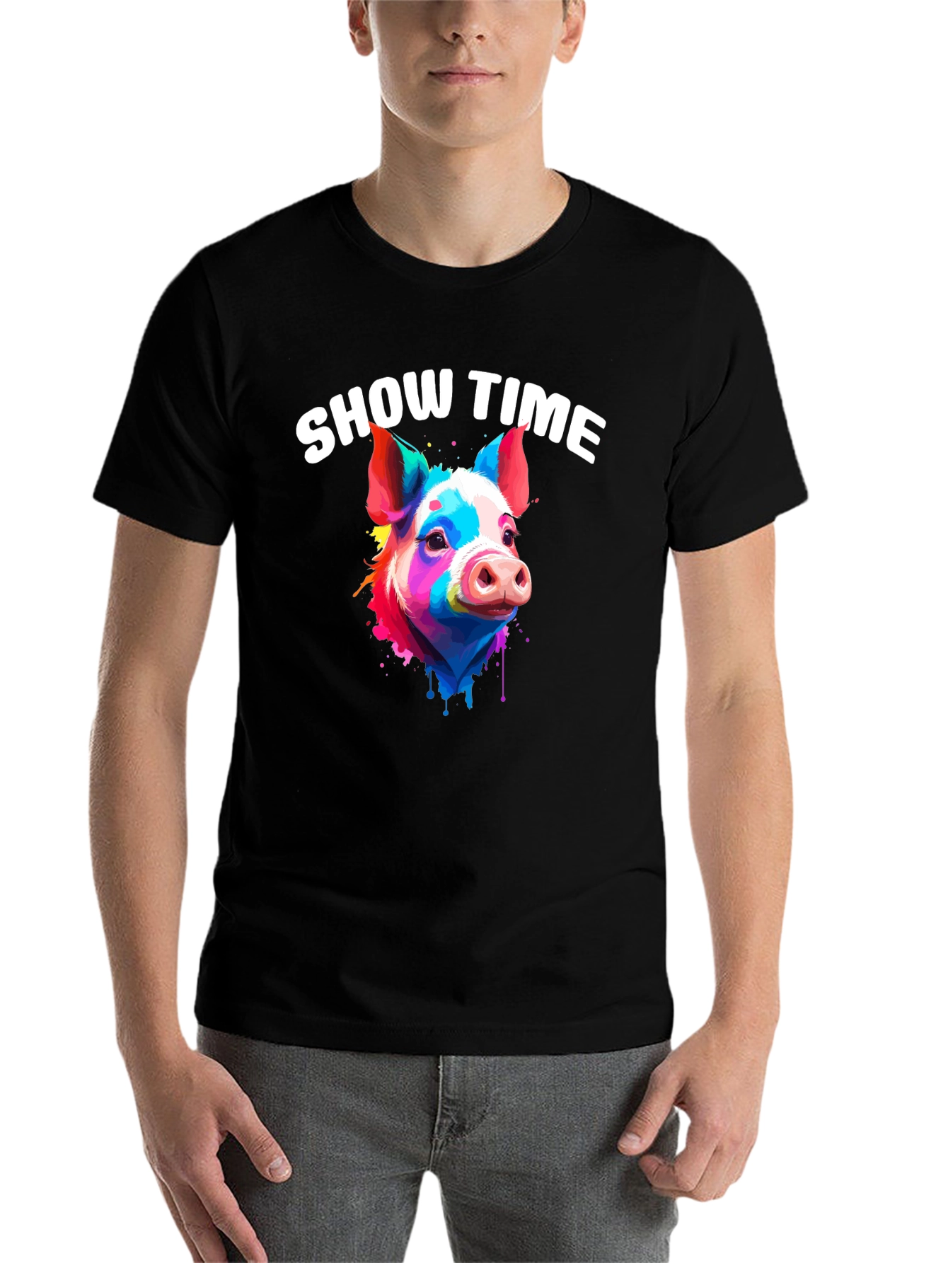 Black Show Time Pig T-Shirt: Colorful Animal Graphic Tee view 7