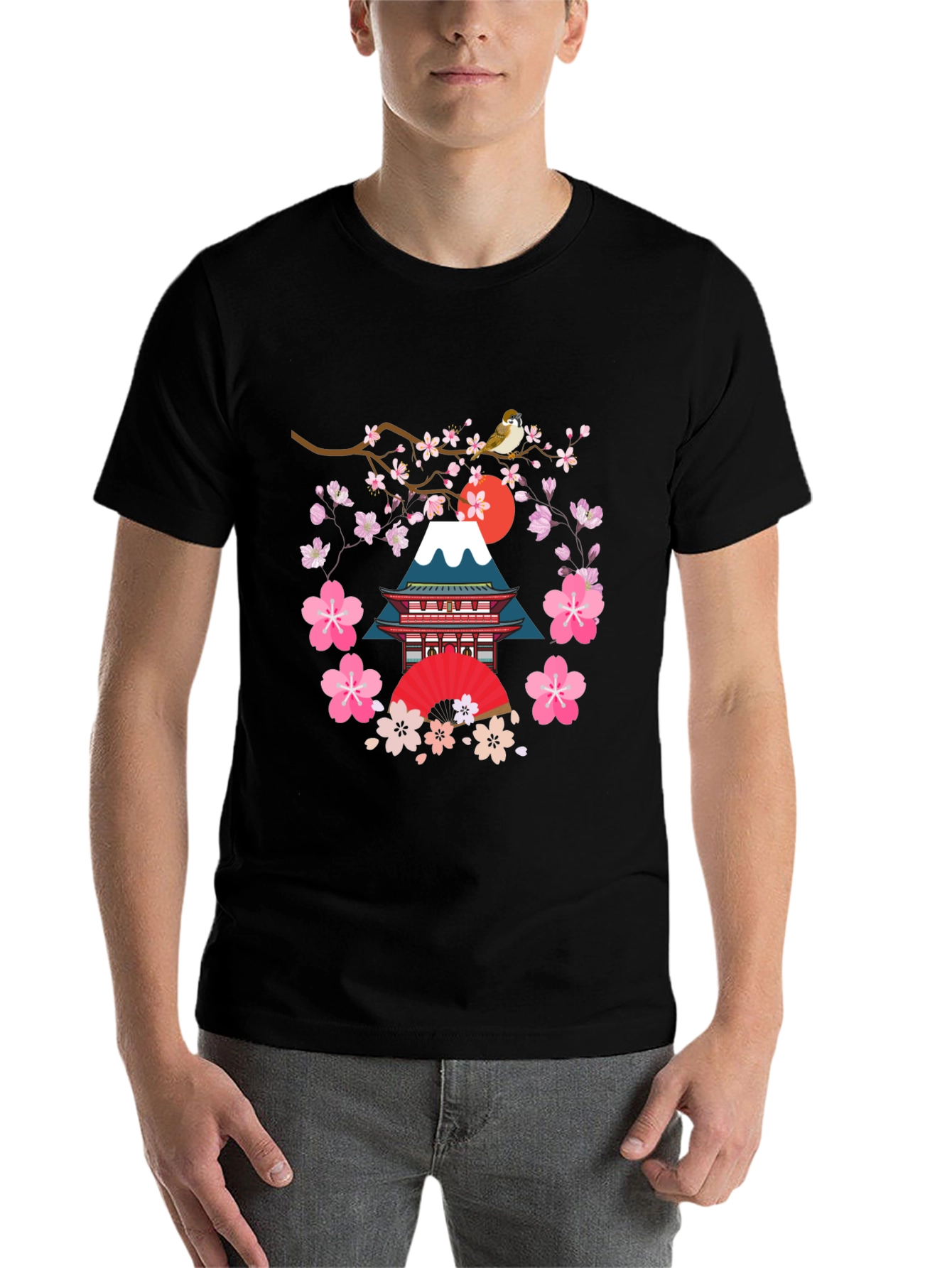 Black Japanese Art T-Shirt - Bird, Blossoms, and Mountain view 7