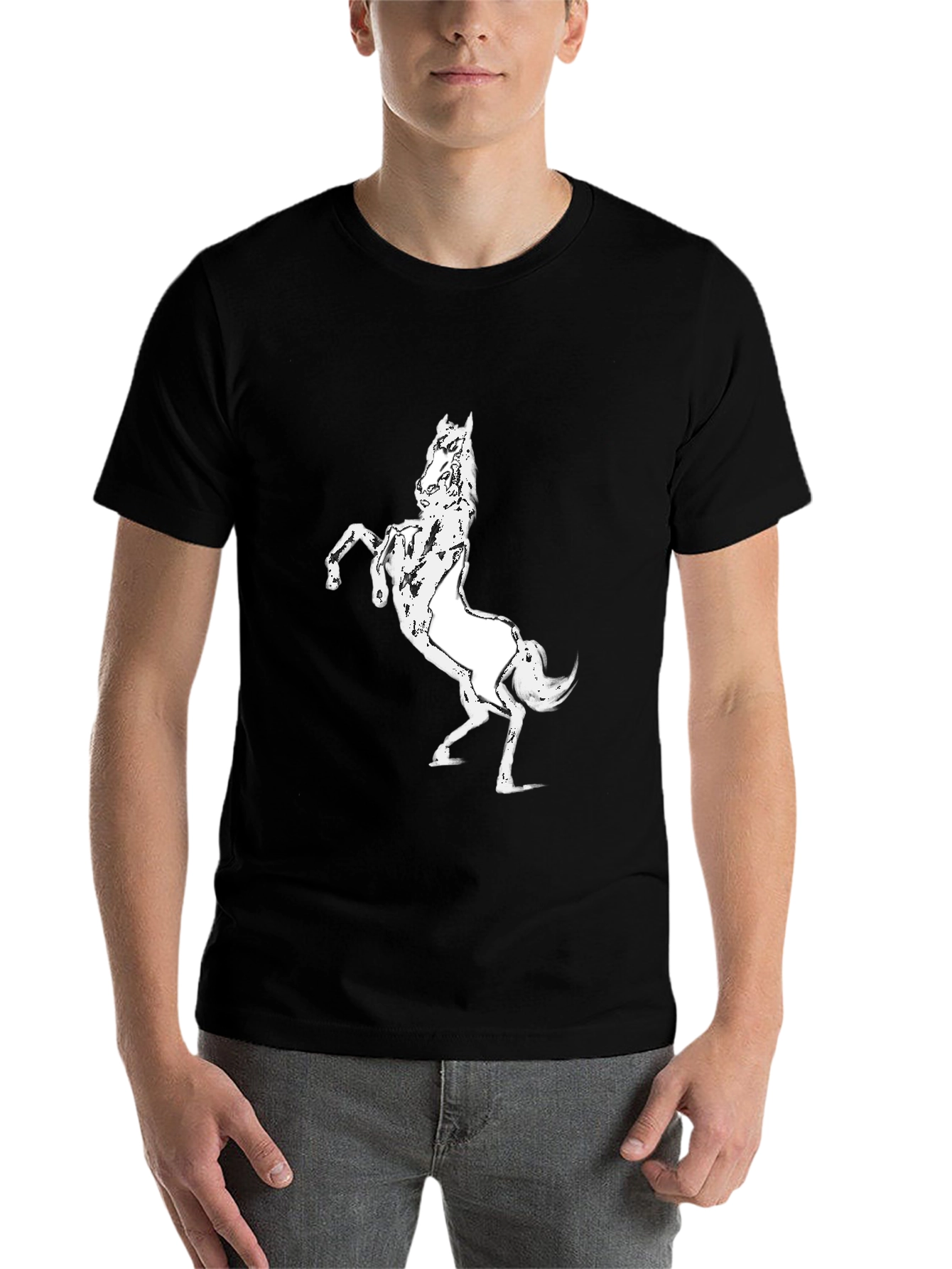 Black Black T-Shirt with White Horse Graphic view 7