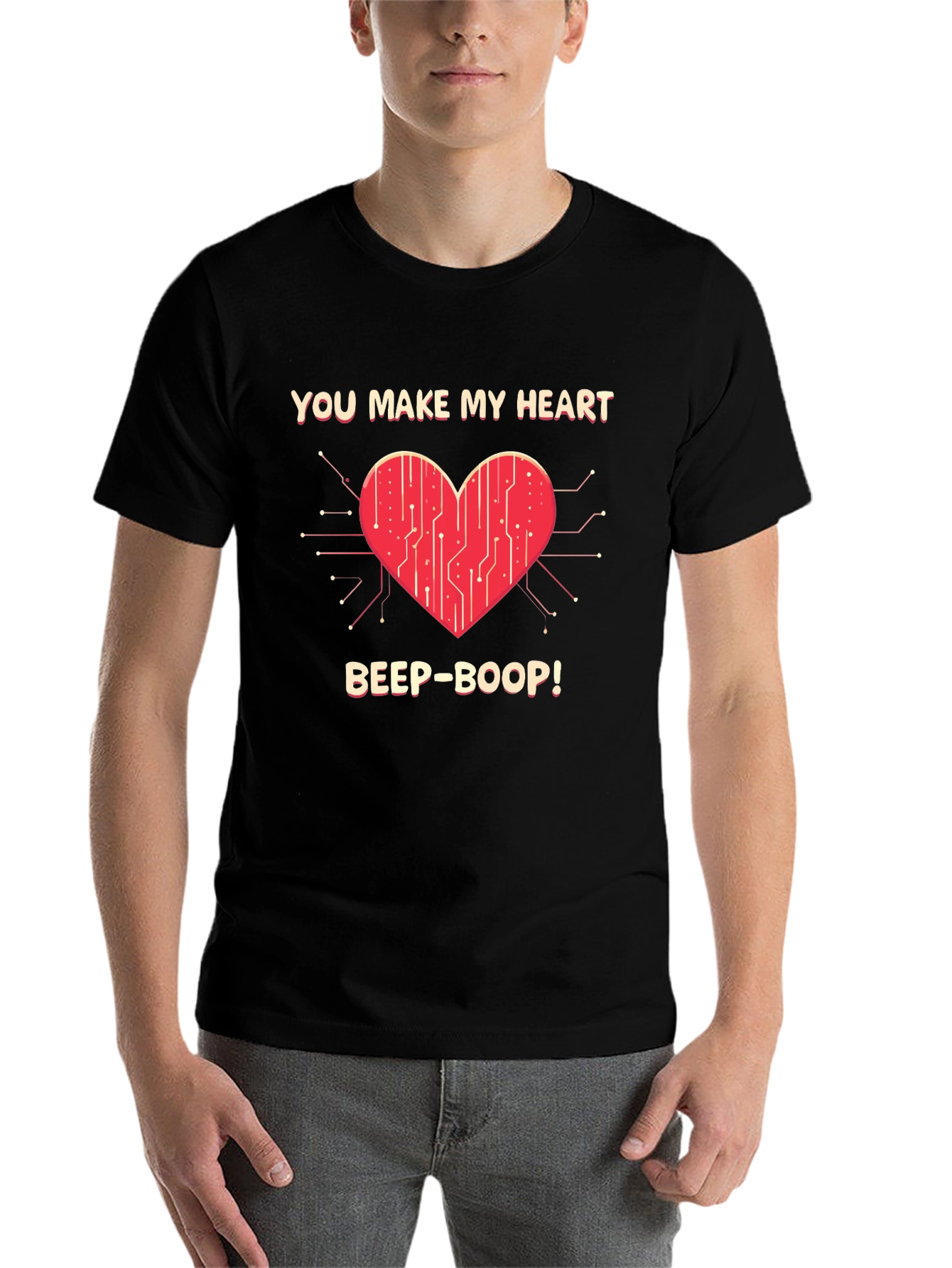 Black You Make My Heart Beep Boop Valentine's Day T-Shirt view 7