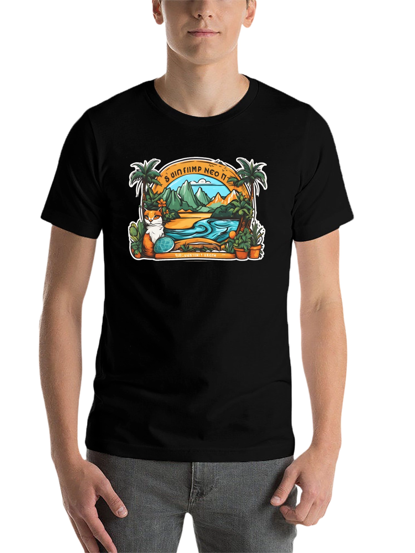 Black Tropical Cat Paradise Black T-Shirt view 7